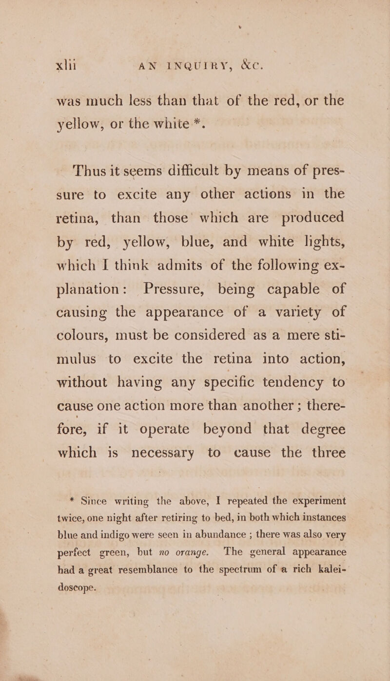 was much less than that of the red, or the yellow, or the white *. _ Thus it seems difficult by means of pres- sure to excite any other actions in the retina, than those’ which are produced by red, yellow, blue, and white lights, which I think admits of the following ex- planation: Pressure, being capable of causing the appearance of a variety of colours, must be considered as a mere sti- mulus to excite the retina into action, without having any specific tendency to cause one action more than another ; there- fore, if it operate beyond that degree which is necessary to cause the three * Since writing the above, I repeated the experiment twice, one night after retiring to bed, in both which instances blue and indigo were seen in abundance ; there was also very perfect green, but no orange. The general appearance had a great resemblance to the spectrum of a rich kalei- doscope.