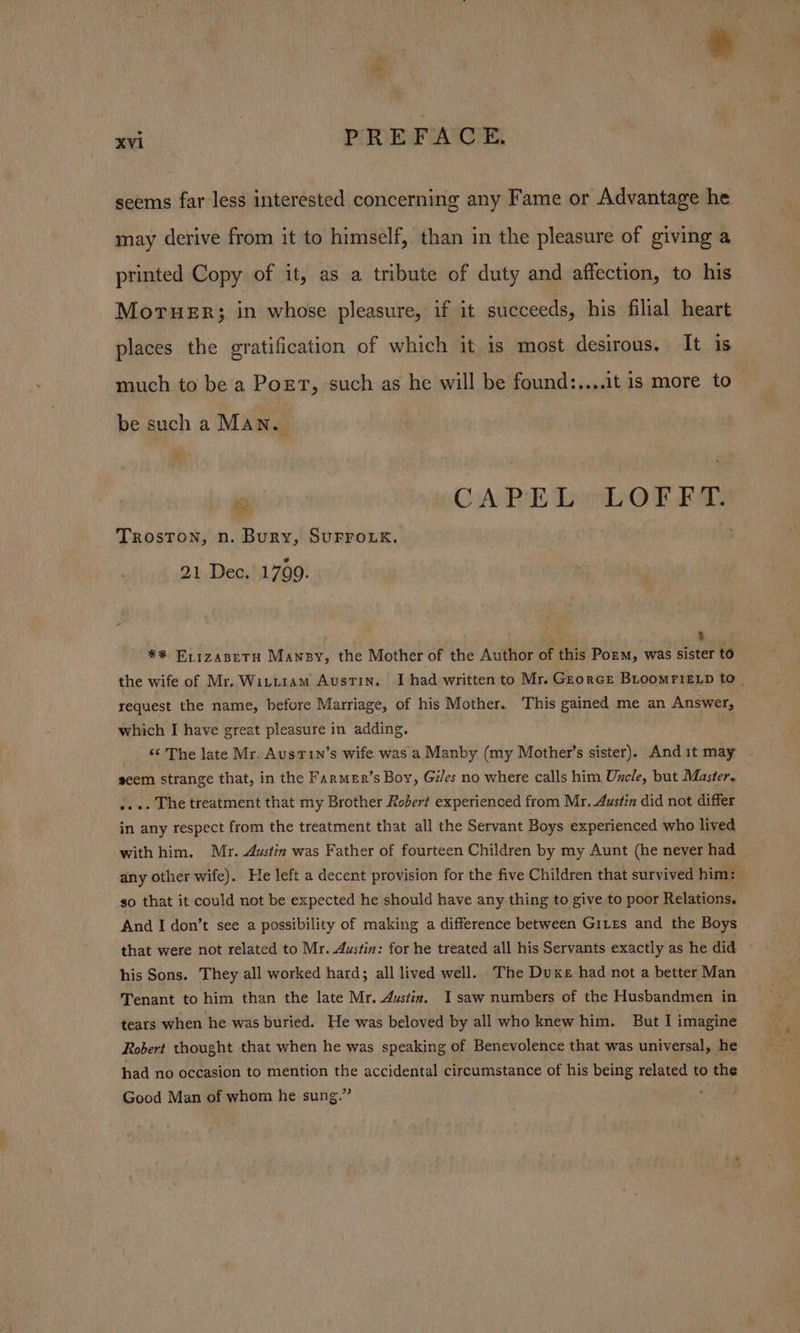 seems far less interested concerning any Fame or Advantage he may derive from it to himself, than in the pleasure of giving a printed Copy of it, as a tribute of duty and affection, to his Moruer; in whose pleasure, if it succeeds, his filial heart places the gratification of which it is most desirous, It is much to be a Port, such as he will be found:....1t is more to be such a Man. ie 26) CAPE LD LVorkey. Troston, n. Bury, SUFFOLK. 21 Dec. 1799. pe ’ 2 *% Exrrzanetu Mansy, the Mother of the Author of this Porm, was sister to the wife of Mr. Wittiam Austin. I had written to Mr. Gzorcr BLoomriELp to | request the name, before Marriage, of his Mother. This gained me an Answer, which I have great pleasure in adding. &lt;¢ The late Mr. AusT1Nn’s wife was a Manby (my Mother’s sister). And it may seem strange that, in the Farmer’s Boy, Giles no where calls him Uncle, but Master, .... The treatment that my Brother Robert experienced from Mr. Austin did not differ in any respect from the treatment that all the Servant Boys experienced who lived with him. Mr. Austin was Father of fourteen Children by my Aunt (he never had any other wife). He left a decent provision for the five Children that survived him: so that it could not be expected he should have any thing to give to poor Relations. And I don’t see a possibility of making a difference between Gites and the Boys that were not related to Mr. Austin: for he treated all his Servants exactly as he did his Sons. They all worked hard; all lived well. The Duke had not a better Man Tenant to him than the late Mr. Austin. I saw numbers of the Husbandmen in tears when he was buried. He was beloved by all who knew him. But I imagine Robert thought that when he was speaking of Benevolence that was universal, he had no occasion to mention the accidental circumstance of his being related to the Good Man of whom he sung.”