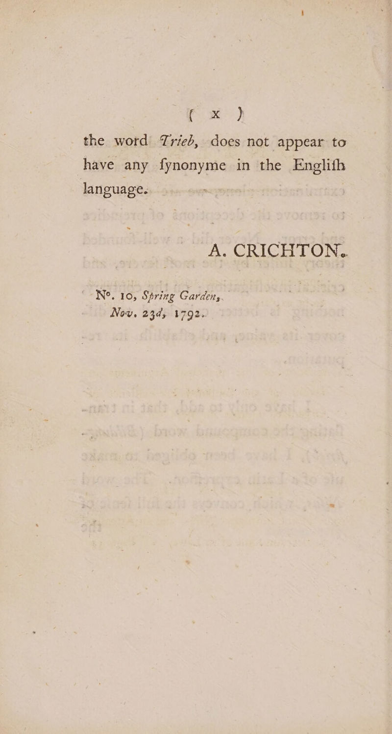 Ps ok ee the word Trieb, does not appear to have any fynonyme in the Englifh language. A. CRICHTON. ‘Ne, 10, Spring Gardens. Now. 23d, 1792.
