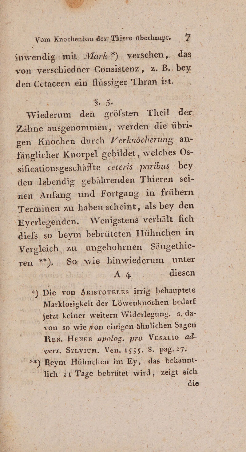 inwendig mit Mark:*) versehen, das von verschiedner Consistenz, z. B.. bey ‚dent Uetaceen ein flüssiger Thran ist. ; gi Wiederum den gröfsten Theil der Zähne ausgenommen, werden die übri- gen Knochen durch TR erknöcherung an-; fänglicher Knorpel gebildet, welches Os- | sificationsgeschäffte ceteris paribus bey den lebendig. gebährenden Thieren sel- nen Anfang und Fortgang in frühern Terminen zu haben scheint, als bey den ‚Eyerlegenden. Wenigstens verhält fich diefs so beym bebrüteten Hühnchen in Vergleich, zu ungebohrnen Säugethie- “ren **). So: wie hinwiederum unter | | Art tn ce! diesen =) Die von ARISTOTELES. irrig behauptete Marklosigkeit der Löwenknochen bedarf jetzt keiner weitern Widerlegung. 8 ‚da- von so wie von eimigen ähnlichen Sagen Ben. Hener apolog. pro VesaLıo ad- 'wers. SyLvıum. Ven. 1555. 8. pag.27. **) Reym Hühnchen im Ey, das bekannt- lich 21 Tage bebrütet wird, zeigt sich 0 dıe