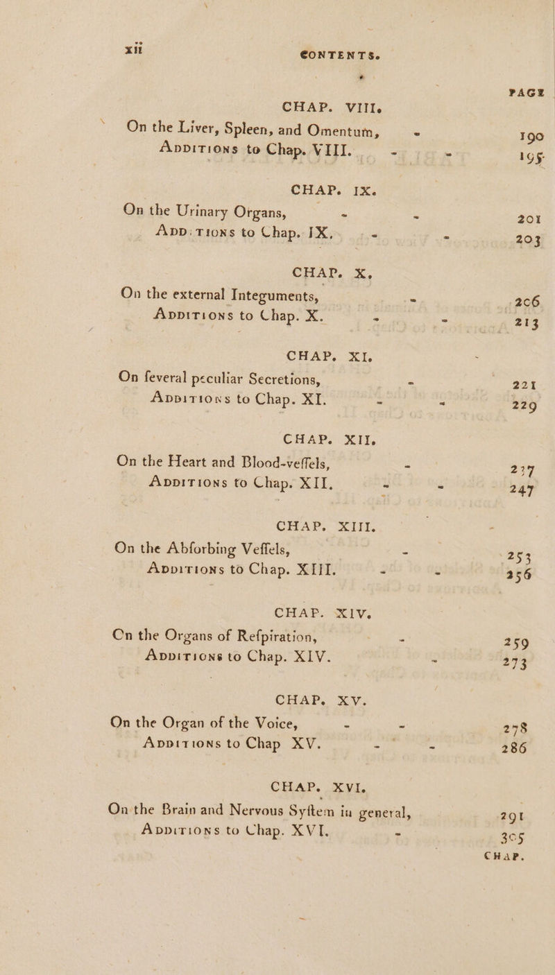 xu EONTENTS. * PAGE. CHAP. VIII On the Liver, Spleen, and Omentum, - 190 Appıtıons to Chap. VIII. Ba - 105 | CHAP. Ix. On the Urinary Organs, - - 201 AbD: Tions to Chap. IX, - - 203 CHAP. X. On the external Integuments, - +206 Apvpırıons to Chap. X. oe - 213 CHAP,.. XL On feveral peculiar Secretions, - 221 Appitiows to Chap. XI. - - 229 CHAP. XII, On the Heart and Blood-veffels, or ame 227 Appitions to Chap. XII. bs - 247 CHAP. XII On the Abforbing Veffels, - 253 Appitions to Chap. XIII. - = 256 CHAP. XIV. On the Organs of Refpiration, Er &amp; 259 Appırıons to Chap. XIV. ~ 273 CHAP. XV. On the Organ of the Voice, N - 278 Appıtıons to Chap XV. - E 286 CHAP. XVI. On the Brain and Nervous Syttem iu general, 291 Appırions to Chap. XVI. - 305