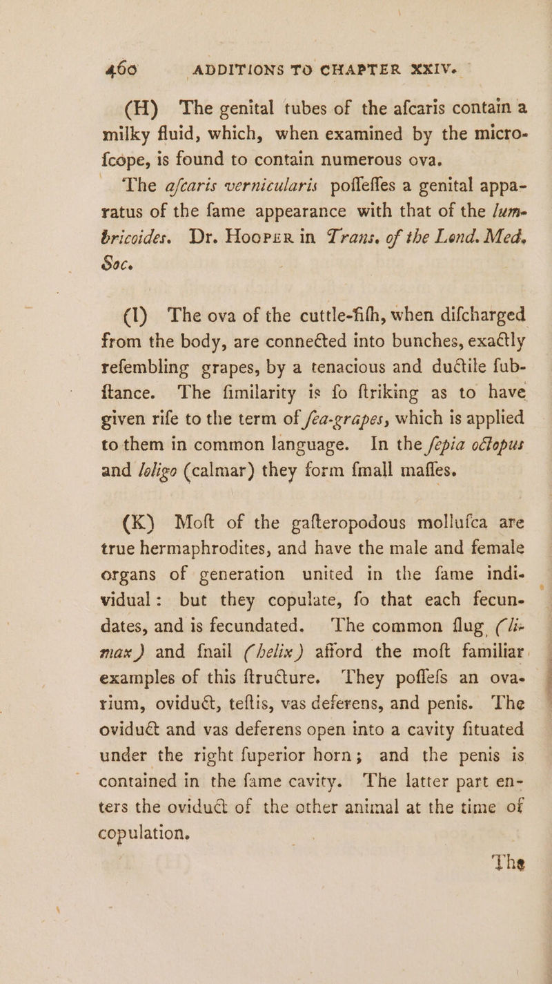 (H) The genital tubes of the afcaris contain a milky fluid, which, when examined by the micro- {cope, is found to contain numerous ova. The afaris vernicularis poflefles a genital appa- ratus of the fame appearance with that of the /um- bricoides. Dr. Hooper in Trans. of the Lend. Med, Soc. | (1) The ova of the cuttle-Alh, when difcharged from the body, are conneéted into bunches, exactly refembling grapes, by a tenacious and ductile fub- ftance. The fimilarity is fo ftriking as to have given rife to the term of /ea-grapes, which is applied to them in common language. In the /epia odlopus and /oligo (calmar) they form {mall mafles. (K) Molt of the gafteropodous mollufca are true hermaphrodites, and have the male and female organs of generation united in the fame indi- vidual: but they copulate, fo that each fecun- — dates, and is fecundated. The common flug (li max) and {nail (helix) afford the moft familiar. examples of this ftructure. They poflefs an ova- rium, oviduét, teftis, vas deferens, and penis. The oviduct and vas deferens open into a cavity fituated under the right fuperior horn; and the penis is contained in the fame cavity. The latter part en- ters the oviduct of the other animal at the time of copulation. The