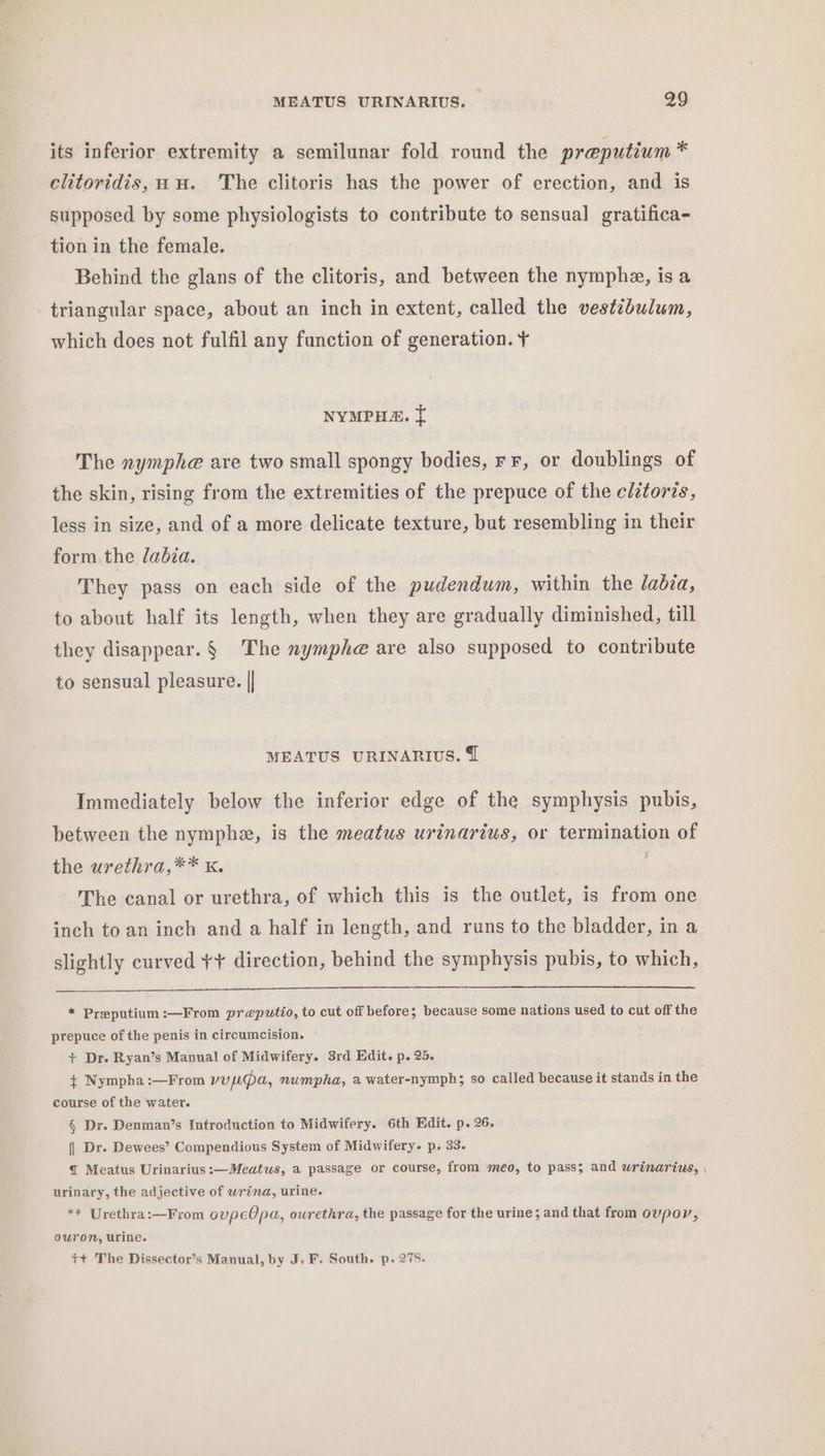 its inferior extremity a semilunar fold round the preputium * clitoridis, uu. The clitoris has the power of erection, and is supposed by some physiologists to contribute to sensual gratifica- tion in the female. Behind the glans of the clitoris, and between the nymphe, is a triangular space, about an inch in extent, called the vestibulum, which does not fulfil any function of generation. ¥ NYMPH. { The nymphe are two small spongy bodies, rr, or doublings of the skin, rising from the extremities of the prepuce of the clitoris, less in size, and of a more delicate texture, but resembling in their form the labia. They pass on each side of the pudendum, within the labia, to about half its length, when they are gradually diminished, till they disappear. § The nymphe are also supposed to contribute to sensual pleasure. || MEATUS URINARIUS. @ Immediately below the inferior edge of the symphysis pubis, between the nymphe, is the meatus urinarius, or termination of the urethra,** Kk. The canal or urethra, of which this is the outlet, is from one inch to an inch and a half in length, and runs to the bladder, in a slightly curved +¥ direction, behind the symphysis pubis, to which, * Preputium:—From preputio, to cut off before; because some nations used to cut off the prepuce of the penis in circumcision. + Dr. Ryan’s Manual of Midwifery. 3rd Edit. p. 25. + Nympha :—From vuuga, numpha, a water-nymph; so called because it stands in the course of the water. § Dr. Denman’s Introduction to Midwifery. 6th Edit. p. 26. || Dr. Dewees’ Compendious System of Midwifery. p. 33. { Meatus Urinarius:—Meatws, a passage or course, from meo, to pass; and wrinarius, \ urinary, the adjective of wrina, urine. ** Urethra:—From oupeOpa, ourethra, the passage for the urine; and that from ovpov, ouron, urine. t+ The Dissector’s Manual, by J. F. South. p. 278.