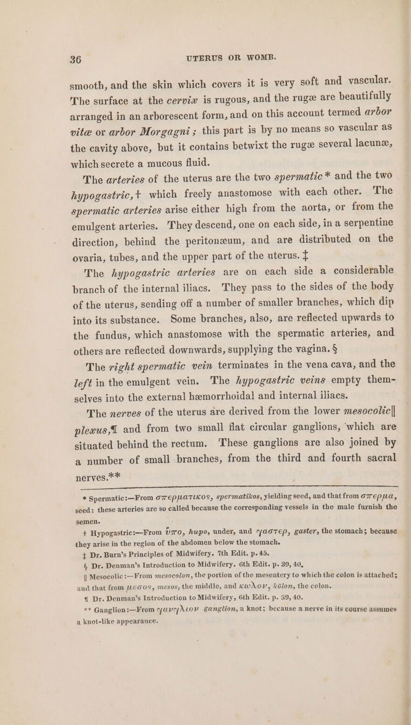 smooth, and the skin which covers it is very soft and vascular. The surface at the cervia is rugous, and the rug are beautifully arranged in an arborescent form, and on this account termed arbor vite or arbor Morgagni; this part is by no means so vascular as the cavity above, but it contains betwixt the rugze several lacune, which secrete a mucous fluid. The arteries of the uterus are the two spermatic * and the two hypogastric,+ which freely anastomose with each other. The spermatic arteries arise either high from the aorta, or from the emulgent arteries. They descend, one on each side, in a serpentine direction, behind the peritonceum, and are distributed on the ovaria, tubes, and the upper part of the uterus. { The hypogastric arteries are on each side a considerable branch of the internal iliacs. They pass to the sides of the body of the uterus, sending off a number of smaller branches, which dip into its substance. Some branches, also, are reflected upwards to the fundus, which anastomose with the spermatic arteries, and others are reflected downwards, supplying the vagina. § The right spermatic vein terminates in the vena cava, and the left in the emulgent vein. The hypogastric veins empty them- selves into the external hemorrhoidal! and internal iliacs. | The nerves of the uterus are derived from the lower mesocolic|| plexus, and from two small flat circular ganglions, ‘which are situated behind the rectum. ‘These ganglions are also joined by a number of small branches, from the third and fourth sacral nerves.** rg gi Nr CNC et oe Pe TERED ee Eee ee * Spermatic:—From OT EPMATLKOS, spermatikos, yielding seed, and that from OTTEpMa, seed: these arteries are so called because the corresponding vessels in the male furnish the semen. + Hypogastric:--From UT, hupo, under, and yaotep, gaster, the stomach; because they arise in the region of the abdomen below the stomach. ¢ Dr. Burn’s Principles of Midwifery. 7th Edit. p. 45. § Dr. Denman’s Introduction to Midwifery. 6th Edit. p. 39, 40, || Mesocolic :—From mesocolon, the portion of the mesentery to which the colon is attached$ and that from EGOS, mesos, the middle, and KWwWROV, kodton, the colon. @ Dr. Denman’s Introduction to Midwifery, 6th Edit. p. 39, 40. ** Ganglion:—From yavyXtov ganglion, 2 knot; because a nerve in its course assumes a knot-like appearance.