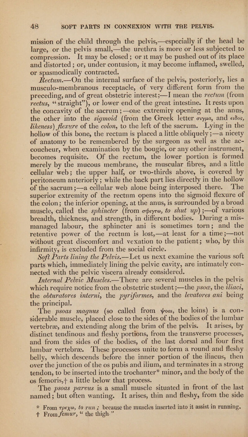 mission of the child through the pelvis,—especially if the head be large, or the pelvis small,—the urethra is more or less subjected to compression. It may be closed; or it may be pushed out of its place and distorted ; or, under contusion, it may become inflamed, swelled, or spasmodically contracted. Rectum.—On the internal surface of the pelvis, posteriorly, lies a musculo-membranous receptacle, of very different form from the preceding, and of great obstetric interest;—I mean the rectum (from rectus, * straight”), or lower end of the great intestine. It rests upon the concavity of the sacrum;—oue extremity opening at the anus, the other into the stgmoid (from the Greek letter ovypa, and «dos, likeness) flexure of the colon, to the left of the sacrum. Lying in the hollow of this bone, the rectum is placed a little obliquely ;—a nicety of anatomy to be remembered by the surgeon as well as the ac- coucheur, when examination by the bougie, or any other instrument, becomes requisite. Of the rectum, the lower portion is formed merely by the mucous membrane, the muscular fibres, and a little cellular web; the upper half, or two-thirds above, is covered by peritoneum anteriorly ; while the back part lies directly in the hollow of the sacrum ;—a cellular web alone being interposed there. ‘The superior extremity of the rectum opens into the sigmoid flexure of the colon; the inferior opening, at the anus, is surrounded by a broad muscle, called the sphincter (from odvyre, to shut up) ;—of various breadth, thickness, and strength, in different bodies. During a mis- managed labour, the sphincter ani is sometimes torn ; and the retentive power of the rectum is lost,—at least for a time ;—not without great discomfort and vexation to the patient; who, by this infirmity, is excluded from the social circle. Soft Parts lining the Pelvis.—Let us next examine the various soft parts which, immediately lining the pelvic cavity, are intimately con- nected with the pelvic viscera already considered. Internal Pelvic Muscles—There are several muscles in the pelvis which require notice from the obstetric student ;—the psoe, the clact, the obturatores internt, the pyriformes, and the levatores ani being the principal. The psoas magnus (so called from oa, the loins) is a con- siderable muscle, placed close to the sides of the bodies of the lumbar vertebrae, and extending along the brim of the pelvis. It arises, by distinct tendinous and fleshy portions, from the transverse processes, and from the sides of the bodies, of the last dorsal and four first lumbar vertebra. ‘These processes unite to form a round and fleshy belly, which descends before the inner portion of the iliacus, then over the junction of the os pubis and ilium, and terminates in a strong tendon, to be inserted into the trochanter* minor, and the body of the os femoris,+ a little below that process. The psoas parvus is a small muscle situated in front of the last named; but often wanting. It arises, thin and fleshy, from the side * From tpexo, te run ; because the muscles inserted into it assist in running. + From femur, “ the thigh.” -