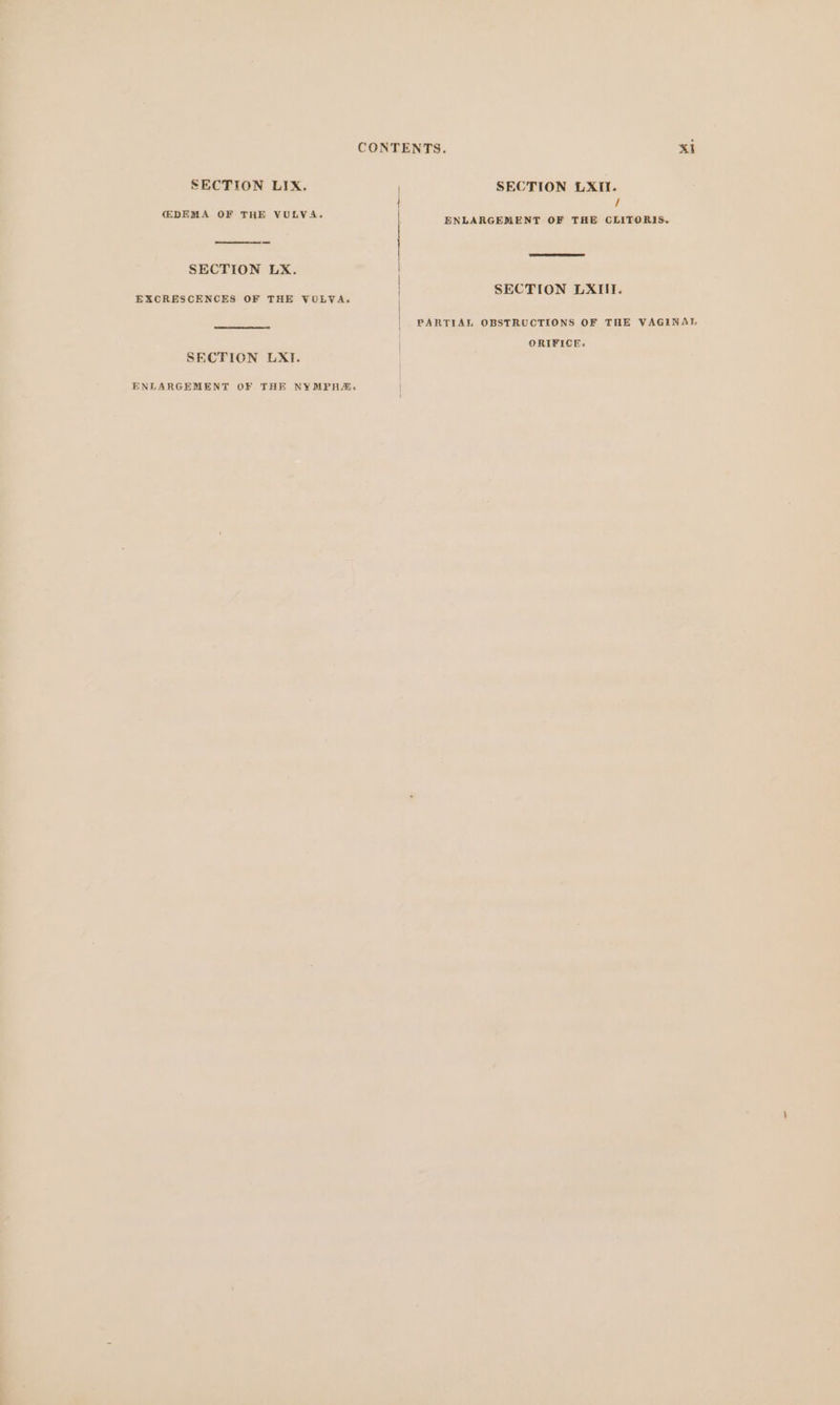 CONTENTS. Xi SECTION LIX. SECTION LXIl. / GSERA OF THE VULVA. ENLARGEMENT OF THE CLITORIS. SECTION LX. SECTION LXIII. EXCRESCENCES OF THE VULVA. a a Se PARTIAL OBSTRUCTIONS OF THE VAGINAL ORIFICE. SECTION LXI. ENLARGEMENT OF THE NYMPH, |