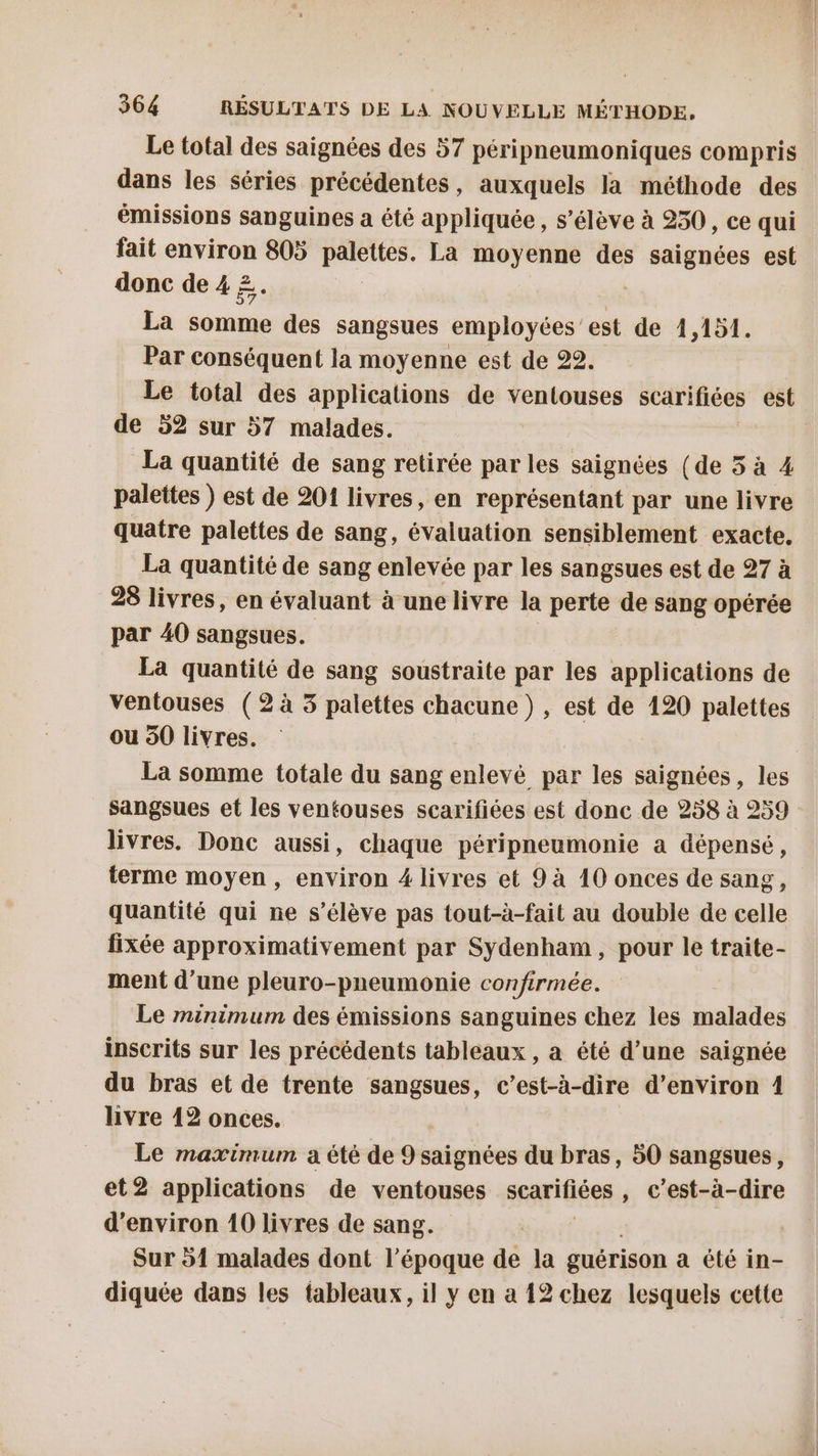 Le total des saignées des 57 péripneumoniques compris dans les séries précédentes, auxquels la méthode des émissions sanguines a été appliquée, s'élève à 250, ce qui fait environ 805 PRIRRE, La moyenne des saignées est donc de 4 £, La su de sangsues employées'est de 1,151. Par conséquent la moyenne est de 22. Le total des applications de ventouses sCArIREeS est de 52 sur 57 malades. La quantité de sang retirée par les saignées (de 5 à 4 palettes ) est de 201 livres, en représentant par une livre quatre palettes de sang, évaluation sensiblement exacte, La quantité de sang enlevée par les sangsues est de 27 à 28 livres, en évaluant à une livre la perte de sang opérée par 40 sangsues. La quantité de sang soustraite par les applications de ventouses (2 à 3 palettes chacune) , est de 120 palettes ou 50 livres. La somme totale du sang enlevé par les saignées, les Sangsues et les ventouses scarifiées est donc de 258 à 259 livres. Donc aussi, chaque péripneumonie a dépensé, terme moyen, environ 4 livres et 9 à 10 onces de sang, quantité qui ne s'élève pas tout-à-fait au double de celle fixée approximativement par Sydenham, pour le traite- ment d’une pleuro-pneumonie confirmée. Le minimum des émissions sanguines chez les malades inscrits sur les précédents tableaux , a été d’une saignée du bras et de trente sangsues, c’est-à-dire d'environ 1 livre 12 onces. Le maximum a été de 9 saignées du bras, 50 sangsues, et2 applications de ventouses searitées , C'est-à-dire d'environ 10 livres de sang. | Sur 51 malades dont l’époque de la guérison a été in- diquée dans les tableaux, il y en a 12 chez lesquels cette