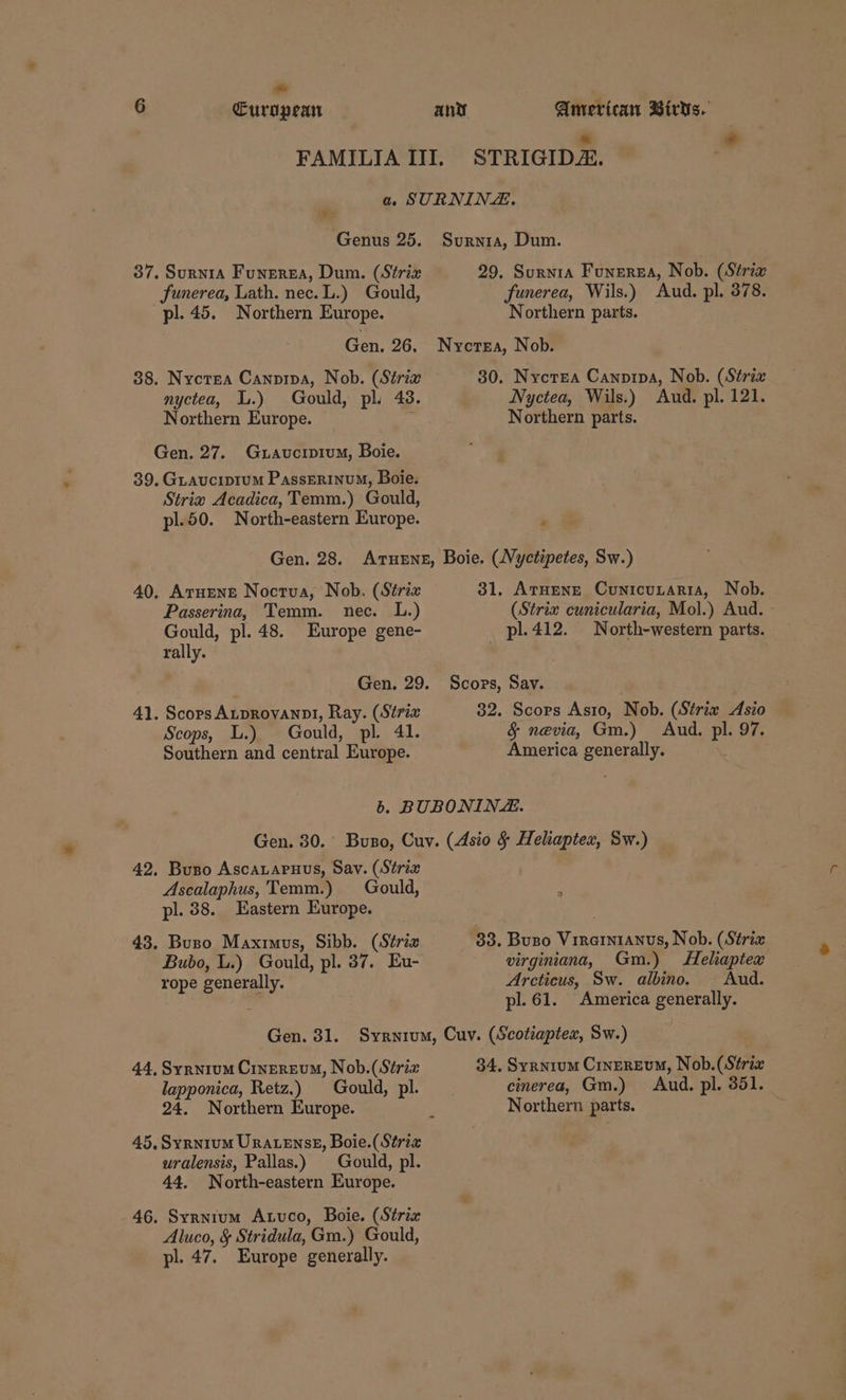 te 6 European American Birds. “ * 37. SuRNIA Funerea, Dum. (Strix Sunerea, Lath. nec. L.) Gould, pl. 45. Northern Europe. 29. Surnra Funerea, Nob. (Strix junerea, Wils.) Aud. pl. 378. Northern parts. 38. Nycrea Canpipa, Nob. (Sérixv nyctea, L.) Gould, pl. 43. Northern Europe. ; Gen. 27. Guaucipium, Boie. 39. GLauciprum PassERinuM, Boie. Strix Acadica,Temm.) Gould, pl.50. North-eastern Europe. 30. Nycrgea Canprpa, Nob. (Strix Nyctea, Wils.) Aud. pl. 121. Northern parts. _ 40, Arurens Noctua, Nob. (Sérix Passerina, Temm. nec. L.) Gould, pl. 48. Europe gene- rally. 41. Scors Atprovannl, Ray. (Strix Scops, L.) Gould, pl. 41. Southern and central Europe. 31. Atuene Cunicutaria, Nob. (Strix cunicularia, Mol.) Aud. _ pl.412. North-western parts. 32. Scors Asto, Nob. (Strix <Asio &amp; nevia, Gm.) Aud. pl. 97. America generally. 42, Buso Ascatapuus, Sav. (Strix Ascalaphus, Temm.) Gould, pl. 38. Eastern Europe. 43. Buzo Maximus, Sibb. (Strix Bubo, L.) Gould, pl. 37. Eu- rope generally. a virginiana, Gm.) Heliaptex Arcticus, Sw. albino. Aud. pl. 61. America generally. 44, Syrnrum Cinerevum, Nob.(Strixz lapponica, Retz.) 45, Syrnium Uratenss, Boie.( Strix uralensis, Pallas.) Gould, pl. 44. North-eastern Europe. _ 46. Syrnium Atuco, Boie. (Strix Aluco, § Stridula, Gm.) Gould, pl. 47. Europe generally. 34. Syrnium CrnerEvum, Nob.(Strix cinerea, Gm.) Aud. pl. 351.