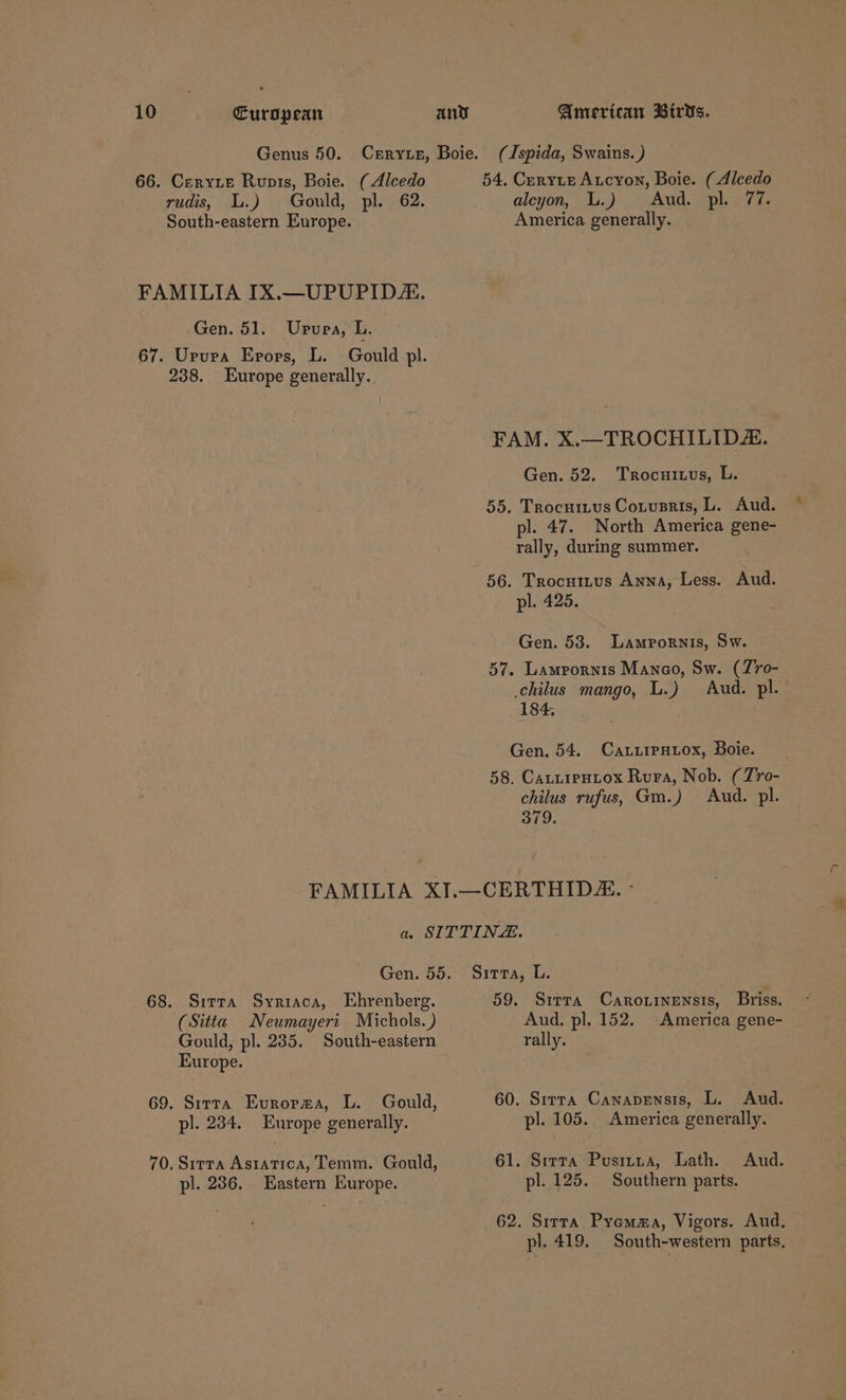 66. Ceryte Rupis, Boie. (Alcedo rudis, L.) Gould, pl. 62. South-eastern Europe. FAMILIA IX.—UPUPID. -Gen. 51. Upupa, L. 67. Urura Erors, L. Gould pl. 238. Europe generally. (Ispida, Swains. ) 54. Ceryte Aucyon, Boie. (Alcedo alcyon, L.) Aud. pl. 77. America generally. FAM. X.—TROCHILIDA. Gen. 52. Trocuiwvus, L. 55. Trocuitus Cotusris, L. Aud. pl. 47. North America gene- 56. Trocuitrus Anna, Less. Aud. Gen. 53. Lampornis, Sw. 57. Lamrornis Manco, Sw. (Zro- chilus mango, L.) Aud. pl. 184, Gen. 54. CatuipHtox, Boie. chilus rufus, Gm.) Aud. pl. 379. 68. Sirra Syriaca, Ehrenberg. (Sitta Neumayeri Michols.) 69. Sirra Evrorpma, L. Gould, pl. 234. Europe generally. 70. Sirta Astatica, Temm. Gould, pl. 236. Eastern Europe. 59. Sitta CaRoLiNneENsIs, Briss. Aud. pl. 152. America gene- 60. Sirta Canapensis, L. Aud. pl. 105. America generally. 61. Srrta Pustiua, Lath. pl. 125. Southern parts. pl, 419, R