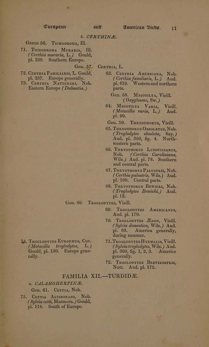 Genus 56. Ticnoproma, III. 71. Ticnoproma Mouranria, III. (Certhia muraria, L.) Gould, pl. 239. Southern Europe. 72. Certuia Famiuiaris, L. Gould, pl. 237. Europe generally. 73. Certara Narrereri, Nob. Eastern Europe (Dalmatia. ) 63. Crrtuia Americana, Nob. (Certhia familiaris, L.) Aud. pl. 419. Western and northern parts. Gen. 58. Muiorira, Vieill. ( Oxyglossus, Sw.) 64. Myiotirta Varia, Vieill. (Motacilla varia, L.) Aud. pl. 90. Gen. 59. Turyornorvus, Vieill. 65. TuryvotHorus Ozsotetus, Nob. (Troglodytes obsoleta, Say.) Aud. pl. 360, fig. 4. North- western parts. 66. Turyoruorus Lupovicianus, Nob. (Certhia Caroliniana, Wils.) Aud. pl. 78. Southern and central parts. 67. Turyotuorus Pauusrris, Nob. ( Certhia palustris, Wils.) Aud. pl. 100. Central parts. 68. Turyotuorus Bewicx1, Nob. (Troglodytes Bewicki,) Aud. pl. 18. GA. Troctopytres Evropzus, Cuv. rally. . 69. Trociopytrs AMERICANUS, Aud. pl. 179. 70. Trogiopytres AZpon, Vieill. (Sylvia domestica, Wils.) Aud. pl. 83. America generally, during summer. 71. Trostopytes Hyematis, Vieill. (Sylvia troglodytes, Wils.) Aud. pl. 360, fig. 1, 2, 3. generally. 72. 'Troctopytses Brevirostris, Nutt. Aud. pl. 175. a. CALAMOHERPIN. Gen. 61. Cerrtia, Nob. 75. Cerrza Axutisonans, Nob. (Sylvia cetti, Marmora. ) Gould,