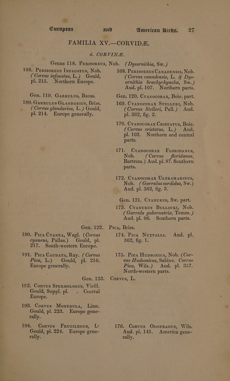 &amp; European American Birys. 27 188. Perisoreus Inraustus, Nob. (Corvus infaustus, L.) Gould, pl. 215. Northern Europe. Gen. 119. Garrutus, Briss. 189. Garrutus Grianparivs, Briss. ( Corvus glandarius, L.) Gould, pl. 214. Europe generally. Gen. 122. 190. Pica Cyanea, Wagl. (Corvus cyaneus, Pallas.) Gould, pl. 217. South-western Europe. 191. Pica Caupata, Ray. (Corvus Pica, L.) Gould, pl. 216. Europe generally. 192. Corvus Srrrmoxoeus, Vieill. Gould, Suppl. pl. Central Europe. 193. Corvus Moneputa, Linn. Gould, pl. 223. Europe gene- rally. 194. Corvus Frucirecus, L: Gould, pl. 224. Europe gene- rally. 168. Pertsoreus Canapensis, Nob. (Corvus canadensis, L. &amp; Dys- ornithia brachyrhyncha, Sw.) Aud. pl. 107. Northern parts. Gen. 120. Cyanocorax, Boie. part. 169. Cyanocorax Stre.ueri, Nob. (Corvus Stelleri, Pall.) Aud. pl. 362, fig. 2. 170. Cyanocorax Cristatus, Boie. (Corvus cristatus, L.) Aud. pl. 102. Northern and central parts. . 171. Cyanocorax Furorripanus, Nob. (Corous floridanus, Bartram.) Aud. pl. 87. Southern parts. Uy Dee Cyawoconax Unakamanmus, Nob. (Garrulus sordidus, Sw.) Aud. pl. 362, fig. 3. Gen. 121. Cyanurus, Sw. part. 173. Cyanurus Butuiocxi, Nob. (Garrula gubernatriz, Temm. ) Aud. pl. 96. Southern parts. Pica, Briss. 174. Pica NuttAauut. 362, fig. 1. Aud. pl. 175. Picea Hupsonica, Nob. (Cor- vus Hudsonicus, Sabine. Corvus Pica, Wils.) Aud. pl. 357. North-western parts. Corvus, L. 176. Corvus Ossirracus, Wils. Aud. pl. 145. America gene- rally.