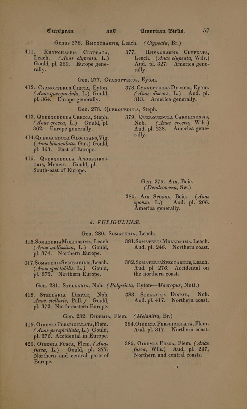 Leach. Gould, pl. 360. Europe gene- rally. 377. Ruyncnaspis CuyPrarta, Leach. (Anas clypeata, Wils.) Aud. pl. 327. America gene- rally. 412. Cyanoprerus Crrcia, Eyton. (Anas querquedula, L.) Gould, pl. 364. Europe generally. 378. CyanoptTerus Discors, Eyton. (Anas discors, L.) Aud. pl. 313. America generally. 413, QuerauepuLa Crecca, Steph. (Anas crecca, L.) Gould, pl. 362. Europe generally. 414.QureRquepuLaA GrocirTans, Vig. (Anas bimaculata. Gm.) Gould, pl. 363. East of Europe. 415. QuereuepuLA ANGuSTIROS- TRIS, Menetr. Gould, pl. South-east of Europe. 379. QuERQUEDULA CAROLINENSIS, Nob. (Anas crecca, Wils.) Aud. pl. 228. America gene- rally. Gen. 279. Arx, Boie. (Dendronessa, Sw.) 380. Aix Sponsa, Boie. (Anas sponsa, L.) Aud. pl. 206. America generally. 416.SomaterraMo.uissima, Leach (Anas mollissima, L.) Gould, pl. 374. Northern Europe. 417.SomMaTERIASPECTABILIS, Leach. (Anas spectabilis, L.) Gould, pl. 375. Northern Europe. 381.SomaTeR1A Mo .utssima, Leach. Aud. pl. 246. Northern coast. 382.SoMATERIASPECTABILIS, Leach. Aud. pl. 276. Accidental on the northern coast. 418. Sre.taria Dispar, Nob. Anas stellaris, Pall.) Gould, _ pl. 372. North-eastern Europe. 383. Sreruarra Dispar, Nob. Aud. pl. 417. Northern coast. 419. Orpemr1aPerspiciLLaTa, Flem. (Anas perspicillata, L.) Gould, pl. 376. Accidental in Europe. 420. Orpem1a Fusca, Flem. ( Anas fusca, L.) Gould, pl. 377. Northern and central parts of Europe. 384.O1pemia PerspicitLata, Flem. Aud. pl. 317. Northern coast. fusca, Wils.) Aud. pl. 247. Northern and central coasts. I