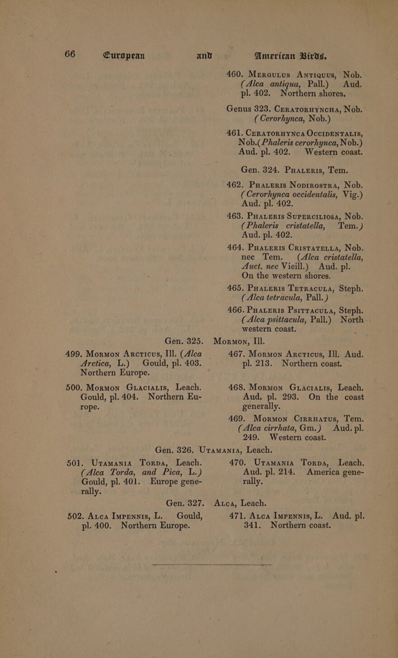 460. Mereutus Antiquus, Nob. (Alca antiqua, Pall.) Aud. pl. 402. Northern shores, Genus 323. CeraTorHYNCHA, Nob. ( Cerorhynca, Nob.) 461. Ceratoruynca OccipENTALIS, Nob.(Phaleris cerorhynca, N ob.) Aud. pl. 402. Western coast. Gen. 324. Puateris, Tem. 462. Pua.eris Noprrostra, Nob. ( Cerorhynca occidentalis, Vig.) Aud. pl. 402. 463. PHateris Suprercitiosa, Nob. (Phaleris cristatella, Tem.) Aud. pl. 402. 464. Puateris CristaTeLua, Nob. nec Tem. (&lt;Alca cristatella, Auct, nec Vieill.) Aud. pl. On the western shores. 465. Puateris Terracuta, Steph. (Alca tetracula, Pall. ) 466. Puaveris Psirracuta, Steph. (Alca psittacula, Pall.) North western coast. d Gen. 325. Mormon, Ill. 499. Mormon Arcticus, Ill. (dlca ~ 467. Mormon Arcticus, Il. Aud. Arctica, L.) Gould, pl. 403. pl. 213. Northern coast. Northern Europe. 500. Mormon Guacrauts, Leach. 468. Mormon Guacratis, Leach. Gould, pl. 404. Northern Eu- Aud. pl. 293. On the coast rope. generally. 469. Mormon Crrruatus, Tem. (Alca cirrhata,Gm.) Aud. pl. 249. Western coast. Gen. 326. Uramania, Leach. 501. Uramania Torpa, Leach. 470. Uramania Torpa, Leach. (Alea Torda, and Pica, L.) Aud. pl. 214. America gene- Gould, pl. 401. Europe gene- rally. rally. Gen. 327. Atca, Leach. 502. Auca Impennis, L. Gould, 471. Auca Tucan ale Aud. pl. pl. 400. Northern Europe. 341. Northern coast.