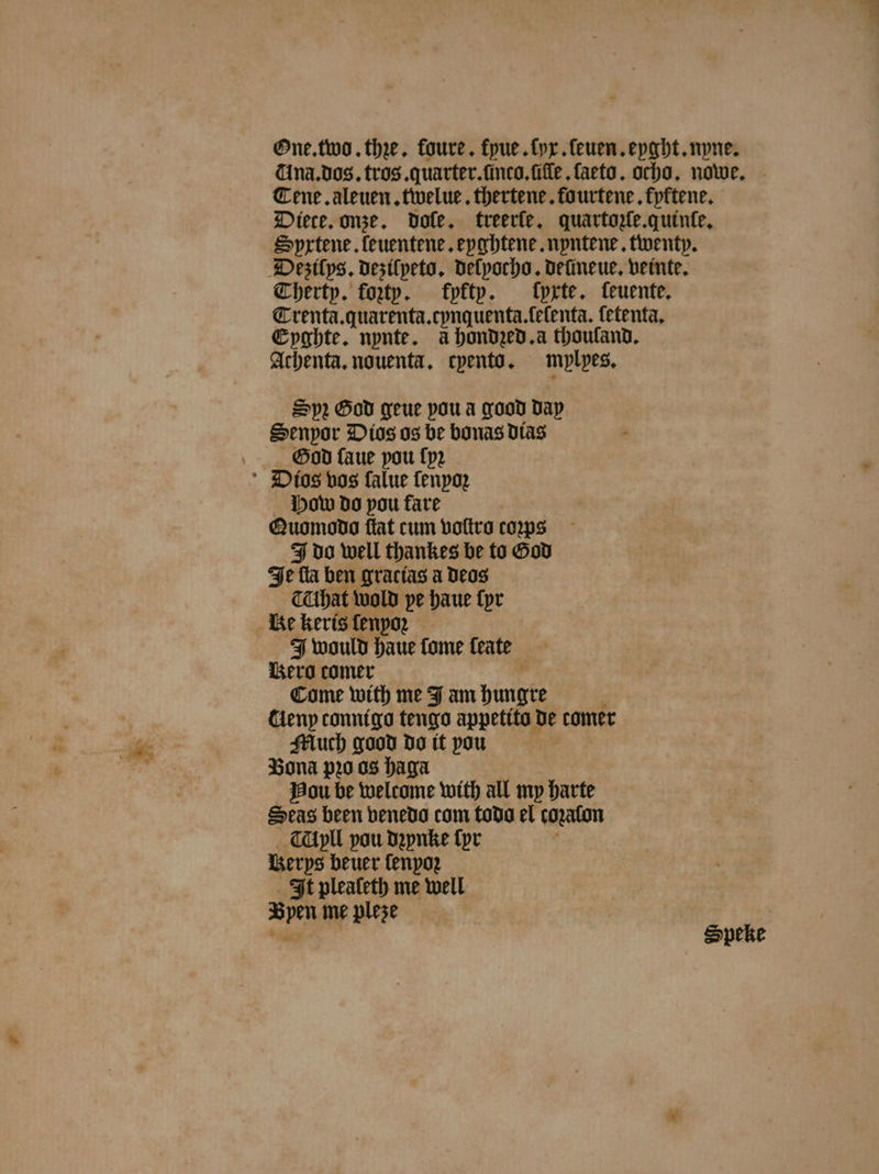 One. two. the. foure. fyue. ſyx.ſeuen. eyght. nyne. Una. dos. tros.quarter.ſinco.ſiſſe. ſaeto. ocho, nowe. Tene .aleuen ,twelue. thertene. fourtene. kyktene. Diece. onze. Dole. treerfe. quartoyle.quinte, Syxtene. ſeuentene. eyghtene. nyntene. twenty. Dezilys. dezilyeto. delyocho. Defineue. veinte. Therty. forty. fpftp. tprte. feuente. Trenta.quarenta. cynquenta.ſeſenta. ſetenta. Eyghte. nynte. a hondzed. a thouland. Achenta. nouenta. cyento. mylpes. Spꝛ God geue you à good day Senpor Dios os be bonas dias God ſaue pou {p2 Dios vos falue ſenyoz How do pou fare Quomodo flat cum voſtro cows J do well thankes be to God J e fla ben gracias a deos Alhat wold pe haue {pr ise kerts ſenyoꝛ J would haue fome feate Bero comer Come with me J am bn deny conniga tengo appetite de tomer Much good do it pou Bona pꝛo os haga Pou be welcome with all my harte Seas been venedo com todo el coꝛalon TUyll pou dꝛynke {pr Berys beuer lenyoꝛ It plealeth me well aspen me plese | Speke