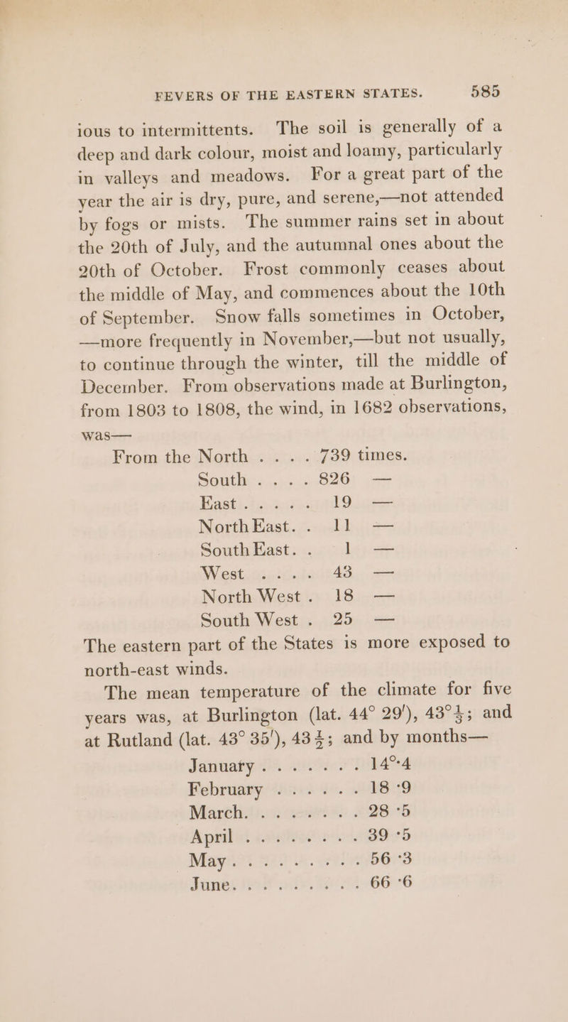 ious to intermittents. The soil is generally of a deep and dark colour, moist and loamy, particularly in valleys and meadows. For a great part of the year the air is dry, pure, and serene,—not attended by fogs or mists. ‘The summer rains set in about the 20th of July, and the autumnal ones about the 20th of October. Frost commonly ceases about the middle of May, and commences about the 10th of September. Snow falls sometimes in October, —more frequently in November,—but not usually, to continue through the winter, till the middle of December. From observations made at Burlington, from 1803 to 1808, the wind, in 1682 observations, was— From the North ... . 739 times. South ....826 — Kasti.ie.sj200 oS NorthEast. . 11 — South East. . lL = WV esti casa. 43 — North West o.)8ic—- South Westis....25) .4= The eastern part of the States is more exposed to north-east winds. The mean temperature of the climate for five years was, at Burlington (lat. 44° 29'), 43°3; and at Rutland (lat. 43° 35'), 434; and by months— Jannat. anes” 14°4 Bebruary ‘tities. » 18 -9 Marchi. a.qern* . 28 °5 Apuilint aalhee eon, 39 °5 Maygiat Se0Un tele 56 °3