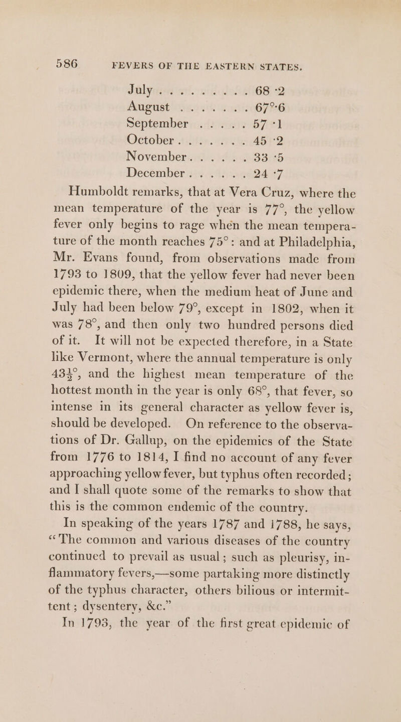 daly et. ntilulehe 68 °2 PIER soak ance 67°°6 September ..... 5710 Ostober a iio. (88 45 ‘2 November. ..... 33 °5 December. ..... DART Humboldt remarks, that at Vera Cruz, where the mean temperature of the year is 77°, the yellow fever only begins to rage when the mean tempera- ture of the month reaches 75°: and at Philadelphia, Mr. Evans found, from observations made from 1793 to 1809, that the yellow fever had never been epidemic there, when the medium heat of June and July had been below 79°, except in 1802, when it was 78°, and then only two hundred persons died of it. It will not be expected therefore, in a State like Vermont, where the annual temperature is only 433°, and the highest mean temperature of the hottest month in the year is only 68°, that fever, so intense in its general character as yellow fever is, should be developed. On reference to the observa- tions of Dr. Gallup, on the epidemics of the State from 1776 to 1814, I find no account of any fever approaching yellow fever, but typhus often recorded ; and I shall quote some of the remarks to show that this is the common endemic of the country. In speaking of the years 1787 and 1788, he says, “The common and various diseases of the country continued to prevail as usual; such as pleurisy, in- flammatory fevers,—some partaking more distinctly of the typhus character, others bilious or intermit- tent; dysentery, &amp;c.” In 1793, the year of the first great epidemic of