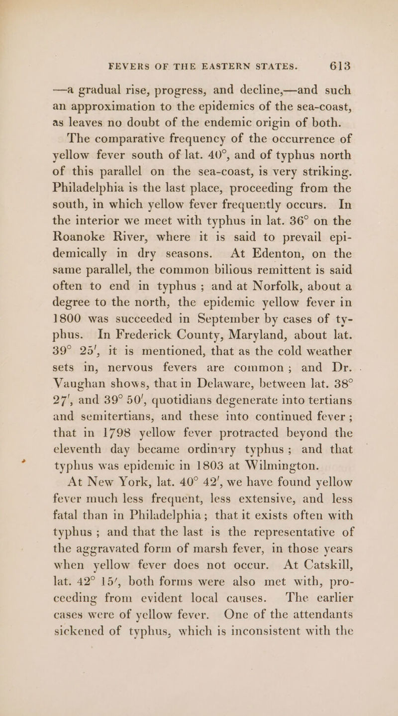 —a gradual rise, progress, and decline,—and such an approximation to the epidemics of the sea-coast, as leaves no doubt of the endemic origin of both. The comparative frequency of the occurrence of yellow fever south of lat. 40°, and of typhus north of this parallel on the sea-coast, 1s very striking. Philadelphia is the last place, proceeding from the south, in which yellow fever frequently occurs. In the interior we meet with typhus in lat. 36° on the Roanoke River, where it is said to prevail epi- demically in dry seasons. At Edenton, on the same parallel, the common bilious remittent is said often to end in typhus; and at Norfolk, about a degree to the north, the epidemic yellow fever in 1800 was succeeded in September by cases of ty- pbhus. In Frederick County, Maryland, about lat. 39° 25', it is mentioned, that as the cold weather sets in, nervous fevers are common; and Dr. . Vaughan shows, that in Delaware, between lat. 38° 27', and 39° 50’, quotidians degenerate into tertians and semitertians, and these into continued fever ; that in 1798 yellow fever protracted beyond the eleventh day became ordinary typhus; and that typhus was epidemic in 1803 at Wilmington. At New York, lat. 40° 42', we have found yellow fever much less frequent, less extensive, and less fatal than in Philadelphia; that it exists often with typhus ; and that the last is the representative of the aggravated form of marsh fever, in those years when yellow fever does not occur. At Catskill, lat. 42° 15’, both forms were also met with, pro- ceeding from evident local causes. The earlier cases were of yellow fever. One of the attendants sickened of typhus, which is inconsistent with the