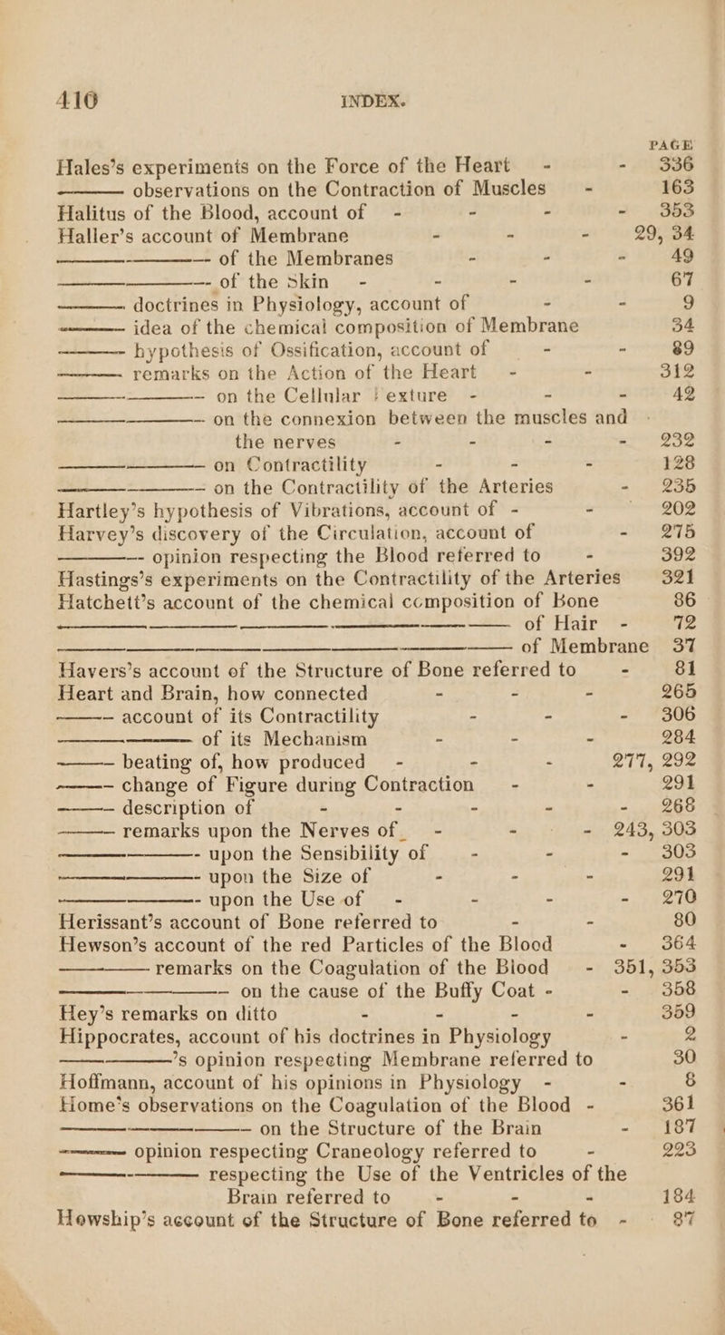 Hales’s experiments on the Force of the Heart - - observations on the Contraction of Muscles Halitus of the Blood, account of - ” - - Haller’s account of Membrane a a 2 —- of the Membranes - - 2 pe aa! —- of the skin - ~ - - doctrines in Physiology, account of - - idea of the chemical composition of Membrane hypothesis of Ossification, account of - - remarks on the Action of the Heart - ~ — on the Cellular | exture - - - — on the connexion between the muscles and the nerves - - - . on Contractility - - - ey oe Hartley’s hypothesis of Vibrations, account of - - Harvey’s discovery of the Circulation, account of - —- opinion respecting the Blood referred to - Hastings’s experiments on the Contractility of the Arteries Hatchett’s account of the chemical composition of Bone ———__ eee eonn of Hair - Havers’s account of the Structure of Bone referred to - 81 Heart and Brain, how connected - - - 265 — account of its Contractility - - - 306 of its Mechanism - - - 284 ~——-~ beating of, how produced - - - 77, 292Z -— change of Figure during Contraction = - - 291 ——— description of - - - - - 268 — remarks upon the Nerves of - - &gt; = 243, 303 - upon the Sensibility of — - - - 303 - upon the Size of : - ~ 291 - upon the Use of - - - = eee Herissant’s account of Bone referred to - - 80 Hewson’s account of the red Particles of the Blood - 364 remarks on the Coagulation of the Blood - 351, 353 ——————-— on the cause of the Buffy Coat - - . 368 Hey’s remarks on ditto - - - - 359 Hippocrates, account of his doctrines in Physiology ° 2 ’s opinion respecting Membrane referred to 30 Hoffmann, account of his opinions in Physiology - : &amp; tiome’s observations on the Coagulation of the Blood - 361 — — on the Structure of the Brain = ESR opinion respecting Craneology referred to - 223 ——- respecting the Use of the Ventricles of the Brain referred to - - - 184 Howship’s account of the Structure of Bone referred to - 87