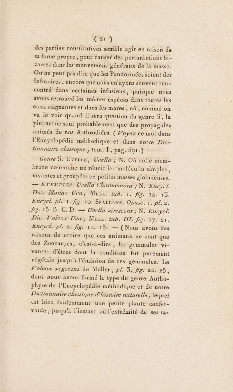 des parties constitutives semble agir en raison de sa force propre, pour causer des perturbations bi- zarres dans les mouvemens généraux de la masse. ‘On ne peut pas dire que les Pandorinées soient des Infusoires , encore que nous en ayons souvent ren- contré dans certaines infusions, puisque nous avons retrouvé les mêmes espèces dans toutés les eaux stagnantes et dans les mares , où , comme on va le voir quand il sera question du genre D, la plupart ne sont probablement que des propagules animés de nos Arthrodiées: ( Zoyez ce mot dans l'Encyclopédie méthodique et dans notre Dic- tionnatre classique , tom. I, pag. 591.) Genre’ 5. Uveire, Uvella ; N. Où nulle mem- brane commune ne réunit les molécules simples, vivantes et groupées en petites masses slobulenses. — EXEMPLES. Uvella Chamæmora ; N. Encyc£. Dic. Monas Uva; Murr. fub. 1. fig. 12. 13. Encycl. pl. 1. fig. 10. Sparranz. Opusc. 1. Did. Sig. 15. B. C. D. — Uvella virescens ; N. Encycl Dic. Vobvox Uva ; Muzz. tab. IT. fig. 17. 21. Encycl. pl. 2. fig. 11. 15. — (Nous avons des raisons de croire que ces animaux ne sont que des Zoocarpes, c’est-à-dire , les gemmules vi- vantes d’êtres dont la condition fut purement végétale jusqu’à l'émission de ces semmules. Le V’olvox vegetans de Muller SPINBSRES 22005 ,. dont nous avons formé le type du genre Antho- physe de l'Encyclopédie méthodique et de notre Dictionnaire classique d'histoire naturelle , lequel est bien évidemment une petite plante confer- voide ; jusqu’à l’instant où l'extrémité de ses ra=