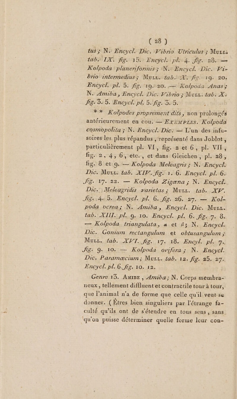 tus ; N} Encycl. Dic. Fibrio Utriculus ; Mur. tab IX. fig. 15. Encycl. pl 4. Jig. 20. — Kolpoda : planeriformis ; N.' Encycl. Dic. Pie rio intermedius; Murn. tab. A fig. 19. 20. Encycl. pl. 5. fig: 19.20. .— Kolpoda Anasy N. Amiba, Encycl. Dic: CR Muuz. tab. X: fig. 3.5. Encycl. pl. 9. fig. 3 , * X Kolpodes proprement a non proloncés antérieurement en cou. — Æx£mpzres. Kolpoda cosmopolita ; N. Encycl. Dic. — L'un des infu- soires les plus répandus représenté dans Joblot, particulièrement pl. VI, fig. 2 et 6, pl. VIT, fig. 2, 4, 6, etc., et dans Gleichen, pl. 28, Fe 8 et 9. RAS Meleagris ; N. Encyct. Dic. Murs. tab. XIV. fig. 1. 6. Encycl. pl. 6. SIS+ 17. 22. — Kolpoda Zigæna ; N. Encycl. Dic.. Meleagridis varietas ; Murz. tab. XF. Fig.,4u 5. Encycl. pl. 6. fig. 26. 27. — Kol- poda ocrea; N. Amiba, Encycl. Dic. Muzz. tab. XTIT. pl, 9. 10. Encycl. pl. 6. fig. 7. 8. — Kolpoda triangulata, « et 83 N. Encycl. Dic. Gonium rectangulum et obtusangulum ; Mur. fab. XVT. fig. 17. 18. Encyl. pl, DE Fig. 9- 10. — Kolpoda ovifera ; N. Encycl. Dic. Paramæcium; Mucz. tab. 12. Jig. 25. 27. Encycl. pl. 6./ig. 10. 12. Genre 13. Awtse , Amiba; N. Corps membra- neux , tellement diffluent et contractile tour à tour, que l un n'a de forme que celle qu'il veut se donner. (Êtres bien singuliers par l'étrange fa- culté qu’ils ont de s'étendre en tous sens, sans ‘qu'on puisse déterminer quelle forme leur con-