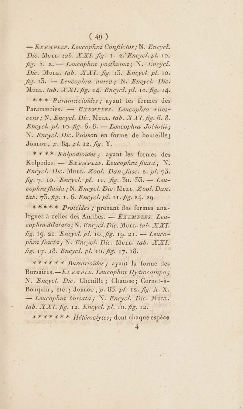 ExEsmMPrEes. Leucophra Confuictor; N. Encycl. Dic. Mvzz. tab. XXI. fig. 1. 2. Encycl. pl. 10. fig. 1. 2. — Leucophra posthuma; N. Encycl. Dic. Mvuzz, tab. XXI. fig. 15. Encycl. pl. 10. g. 19. — Leucophra aurea; N. Encycl. Dic. Muzz. tab. XXI. fig. 14. Encycl. pl. 10. fig. 14. **%* Paramæcioïides ; ayant les formes des Paramæcies. — Æxempres. Leucophra »ires- cens ; N. Encycl. Dic. Murs. tab. XXI. fig. 6. 8. Encycl. pl. 10. fig. 6. 8. — Leucophra Joblotii; N. Encycl. Dic. Poisson en forme de bouteilles Josror, p. 84. pl. 12. fig. Y. **%% Ko/podioides ; ayant les formes des Kolpodes. — ExremPpzes. Leucophra fluxa; N. Encycl. Dic. Mvcr. Zoo. Dan.fasc. 2. pl 73. fig. 7. 10. Encycl. pl, 11. fig. 30. 33. — Leu- cophra fluida ; N. Encycl. Dic: Murz. Zool. Dan. tab. 75. fig. 1. 6. Encycl, pl. 11. fig. 24. 20. **%X%X%X Protéides ; prenant des formes ana- logues à celles des Amibes. — Exempzres. Leu- cophra dilatata; N. Encyci. Dic. Muiz. tab. X AT. fig. 19. 21. Encycl. pl. 10. fig. 10. 21. — Leuco- phra.fracta ; N. Encycl. Dic. Mur. tab. XXI. g. 17. 10. Encycl. pl. 10. fig. 17. 16. | *XX%XX%X Bursarioides ; ayant la forme des Bursaires.—Æxzempze. Leucophra Hydrocampa; N. Encycl. Dic. Chenille; Chausse; Cornet-à- Bouquin, etc.; Joscor, p. 83. pl. 12. fig. À. X. — Leucophra bursata ; N. Encycl. Dic. Murz. tab. XXT. fig. 12. Encycl. pl. 10. fig. 12. *X#X#X%XX% Hétéroclytes; dont chaque espèce
