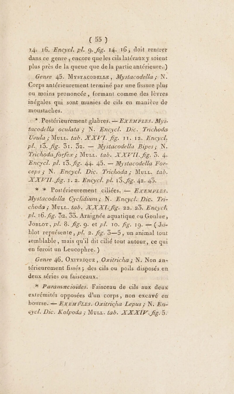 14 16. Encycl. pl. 0. fig. 14. 16; doit rentrer dans. ce genre ; encore que les cils latéraux y soient plus près de la queue que de la partie antérieure.) Genre 45. Mysracopezxe, Mystacodella ; N. Corps antérieurement terminé par une fissure plus ou moins prononcée, formant comme des lèvres inégales qui sont munies de cils en manière de moustaches. + *.Postérieurement glabres. — ExrmPres. Mys. tacodella oculata ; N. Encycl. Dic. Trichoda Uoula ; Mur. tab. XXI. fig. 11. 12. Encycl, DÉANE PAT BIT UE Mystacodella Bipes ; N. Trichoda forfex ; Mure. tab. XX PII. fig. 3. 4. Encycl. pl. 13.fig. 44. 45. — Mystacodella For- ceps ; N. Encycl. Dic. Trichoda ; Muiz. tab. XX VII. fig. 1. 2. Encycl. pl. 15./g. 42.149. * * Postérieurement ciliées. = ÆExEmMPLEs. Mystacodella Cychidium; N. Encycl. Dic. Tn- choda ; Mur. tab. XX AT. fig. 23.201 EL RCYOË PAM. gs. 3233. Araignée aquatique ou Goulue, Joscor, pl. 6. fig. 9. et pl. 10. fig. 19. —(.Jo- blot représente, p£. 2. fig. 5—5 , un animal tout semblable, mais qu'il dit cilié tout autour, ce qui en feroit un Leucophre. ) Genre 46. Oxrrrique , Oxiéricha ; N. Non an- térieurement fissés ; des cils ou poils disposés en / deux séries ou faisceaux. * Paramæcioides. Faisceau de cils aux deux extrémités opposées d’un corps, non excävé én bourse. — ExEemPzes. Oxitricha Lepus ; N. En- eycl. Dic. Kolpoda ; Mvzz. tab. XX XIF. fig. 5.