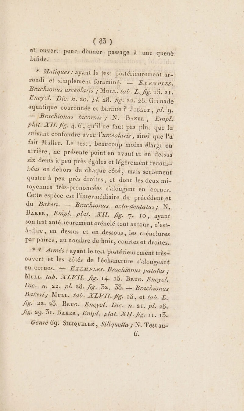 ct ouvert pour. donner, passage à une quenè bifide. * Mutiques : ayant le test postérieurement ar- rondi et simplement foraminé. — EXEMPLES. Brachionus urceolaris : Murr. tab. L. HE A0 21e ÆEncycl, Dic. n. 20. DE, 28. fig. 22. 28: Grenade aquatique couronnée et barbue ? JoBLor, pl 0. —+ Brachionus bicornis ; N. Baker » ÉITDT plût. AIT. fig. 4.6, qu’il ne faut pas plus que le suivant confondre avec l’urceolaris , ainsi que l’a fait Muller. Le test, beaucoup moins élargi en arrière, ne présente point en avant et en dessus six dents à peu près égales et légèrement récour= bées en dehors de chaque côté, mais seulement quatre à peu près droites, et dont les deux mi- toyennes très-prononcées s’alongent en cornes. Cette espèce est l'intermédiaire du précédent.et du Bakeri. — Brachionus. octo-dentatus FN A Bager, ÆEmpl. plat. XII. fS. 7e 10, ayant son lest antérieurement crénelé tout autour , C’est à-dire, en dessus et en dessous, les crénelures par paires, au nombre de huit, courtes et droites. **° Arnés : ayant le test postérieurement très= ouvert et les côtés de l’'échancrure s’alongeant en Cornes. — ÆExEsmPLEs. Brachionus patulus ; Muzz. tab. XLVII. fig. 14. 15. BruG. Encycl Dic. n, 22. pl, 28. fig. 32. 35. = Brachionus Baker; Muzz. fab. XLFIT. f&amp;. 18, et tab. E. Sig. 22. 23. Bauc. Encycl, Dic. n. 21. pl. 26. JS: 29.51. Baker, Emipl, plat. XII. fig: 11. 13. Genre 69. Sixrquerze , Siliquella ; N. Test an- 6.