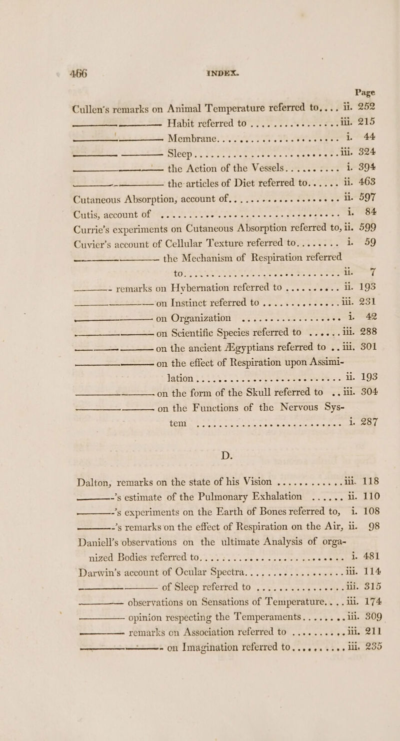 Cullen’s remarks on Animal Temperature referred to,... i. Habit referred tO. 7.0.0. coos es ill. el Membrand. 0. 22. SSF ee Ae ee 1. pe ' the Action of the Vessels.......... 1 ______—. the articles of Diet referred to...... i. Cutaneous Absorption, account of....... AT RCL, ge ee Cutis, account of eooeeevene ee cet? eevee e ee ee escvreeveeeeve 1. Currie’s experiments on Cutaneous Absorption referred to, il. Cuvier’s account of Cellular Texture referred to........ 1 the Mechanism of Respiration referred ~ remarks on Hybernation referred to .......... Ub ——on Instinct referred to ........+..+.. lil Sateen mt EE, AT RADIZELIDN | 4 ig gee a's 6 See ews yes a er on Scientific Species referred to ...... ill. es ro on the ancient Zgyptians referred to .. iil. on the effect of Respiration upon Assimi- 11s (6) 0 eae Sea ae karat raed See il. ~———-on the form of the Skull referred to .. 111. on the Functions of the Nervous Sys- cy ES eats Dalton, remarks on the state of his Vision ............ ii -’s estimate of the Pulmonary Exhalation ...... -’s experiments on the Earth of Bones referred to, 1. -’s remarks on the effect of Respiration on the Air, i. Daniell’s observations on the ultimate Analysis of orga- nized Bodies referred to oo ee ere eee e@eoeresceeree ee OSH &amp; 1. Darwin’s account of Ocular Spectra...... eh aN PRONE Et. ill. a OF Bleep referfed tO... 2... sass me ii 2 observations on Sensations of Temperature. . . . 111. opinion respecting the Temperaments........1il 118 108 98 481 114 315 174 309 ~ on Imagination referred to........+. il ee 239