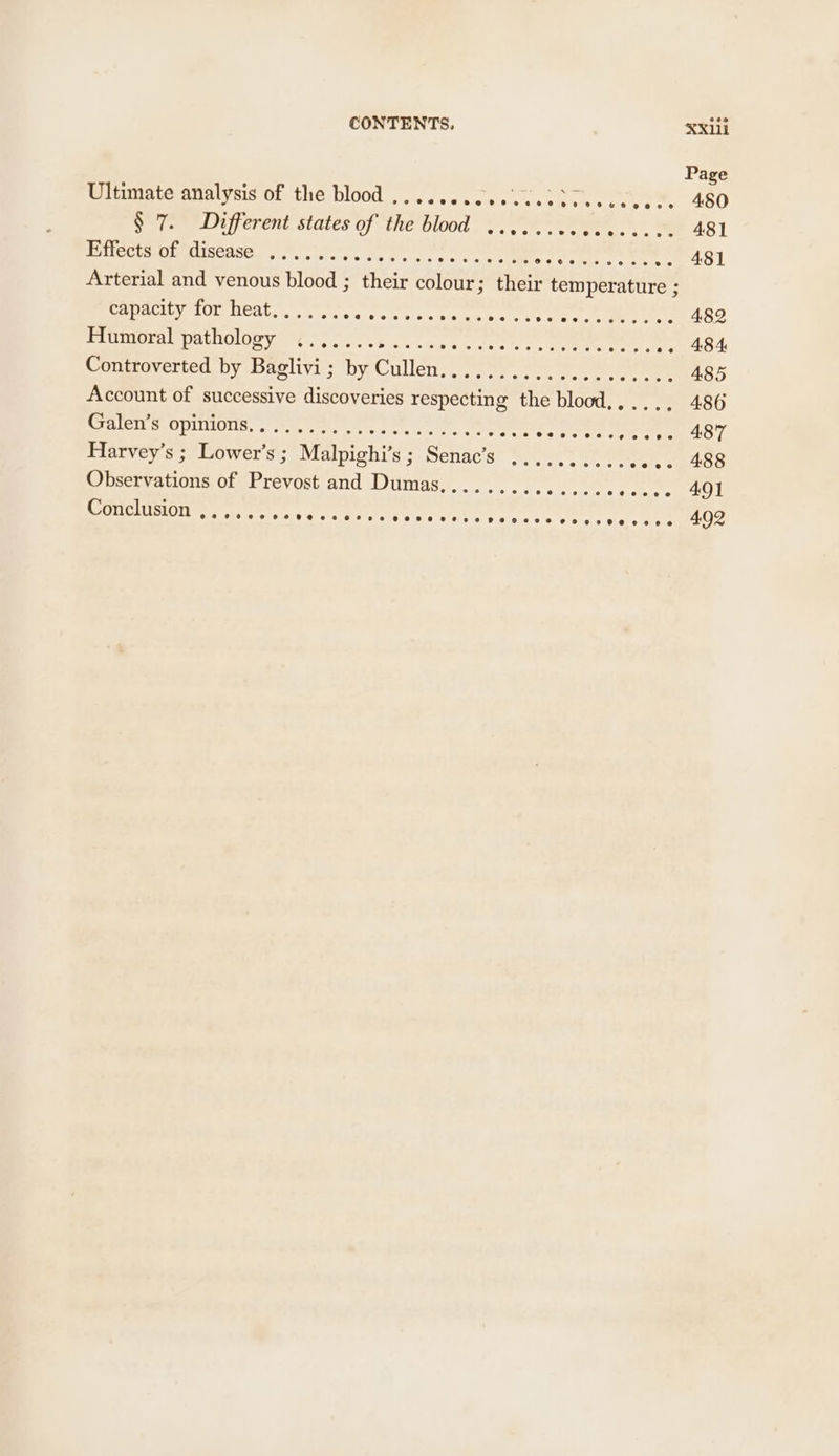 Page Ultimate analysis of the blood .......000 00.3 Tec ecu. 480 So 7s) Different states of the blood. 2. 04) eas 481 Peticers Dugiensey cts eee ce sree cee SPRY © St aol Arterial and venous blood ; their colour; their temperature ; capacity for heat...... etate tate there See rrpaay, alae 482 fitiuorabpathclore sto o00 tka eee ee, ee 2. 484 Controverted by Baglivi ; by Cullen... 3.7.99, 6) oe 485 Account of successive discoveries respecting the blood,...., 486 SFaletrscOplinious. st ce are eh ce ene cuca a ve Harvey’s ; Lower’s; Malpighi’s; Senac’s .......... soe. 488 Observations of Prevost and Dumas,........ Serta hee 00 Conclusion Per ae ee eien SSS 6. OF 0 e808) 6 8.0166: 9 6.010 6 6. 6 6 6 6 O16) 0.6) oa 492