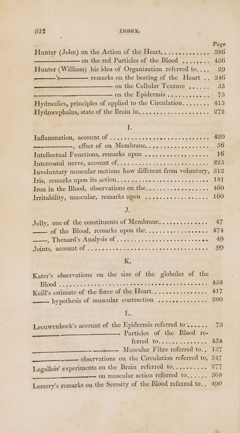 Hunter (John) on the Action of the Heart.............. —_—__- on the red Particles of the Blood ........ Hunter (William) his idea of Organization referred to, —’s—————. remarks on the beating of the Heart « se — on the Cellular Texture ...... rns ON HG KIA eCTINIS ie ies 5 neg Hydraulics, principles of applied to the Circulation........ Hydrocephalus, state of the Brain in,............. sg ee ip eIATI MT AtIOIN PACCOIIN ta Ol - fi: <, «<b side. + s:aieieiars. «Gee oe sas “ooh See SetlectiglcONn NL OMIDTAN Cosine cielicia nceigheloane Intellectual Functions, remarks upon ..........00- cece: aif uots ata OMY OPA CCOUIN: Ol oi ao ate wie tia Bio iat tee he Involuntary muscular motions how different from voluntary, Iris, remarks upon its action. 2 aR et eS oe Re Tron in the Blood, Sheiernkonne on . ete: OPEL 38% Irritability, muscular, remarks UPON ,.....sesseeeeeens dl Jelly, one of the constituents of Membrane...........+.. of the Blood, remarks pon the... «ss ewe se veins , Thenard’s Analysis of .......... ON eS Feet rar Tsbey PCOS ORNs sis > SiaRMMere tao Sis iary ely 41019 nur’ e/a K, Kater’s observations on the size of the globules of the Blood .. Mest os biee vie ctaree BS SRE eM A ae Keill’s estimate of the force of the Heart............... ——-- hypothesis of muscular contraction ....00..+++0- L. Leeuwenhock’s account of the Epidermis referred to...... - Particles of the Blood re- ferred). 10.0. 9. xis¢ x0 Bocas ~—«—— Muscular Fibre referred to. . observations on the Circulation referred to, Legallois’ experiments on the Brain referred to. C eke! eee ON Muscular action réferred Fa Se remarks on the Serosity of the Blood referred to. . Lemery’s Page 386 450 29 846 490