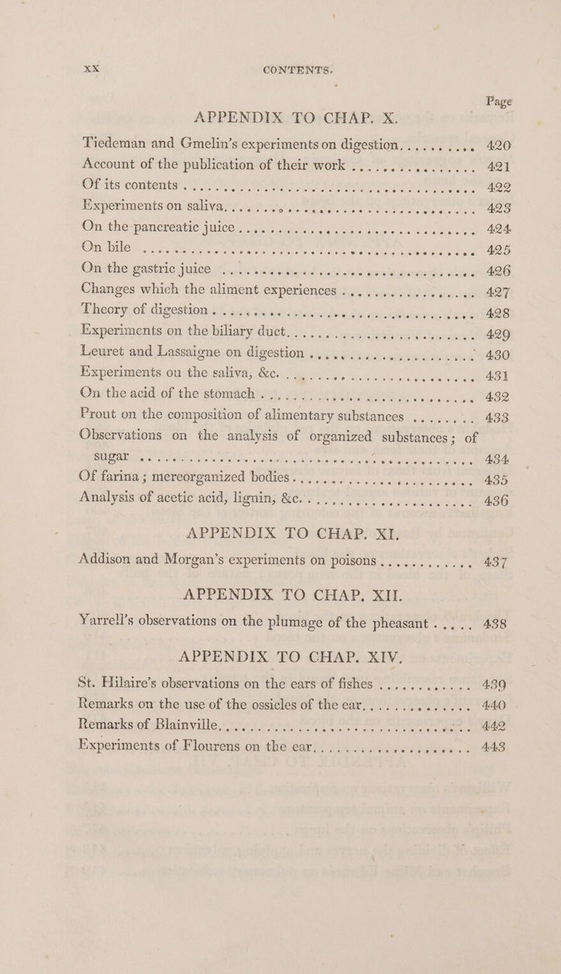 Page APPENDIX TO CHAP. X. Tiedeman and Gmelin’s experiments on digestion......... . 420 Account of the publication of their work ........ Subs the des 421 Oris Combenty, Pacer Ce ees Aa a eee 422 Experiments on saliva....... RCS PO ae ee 423 On thespaneréatic jmice 2.0 ak, res ee ee A 4 Oi nla: ais Ree tener ae es eee S a eed 28 bie nats os 425 Onmhe easttic juice 1) .30 1 Banoo auitees seviganmeda a eo 426 Changes which the aliment experiences 4a. nes dion ew ek 427 HiieoryiOb isestinm. nf ate Bs Gin eget ash uile: ope arbi accede »» 428 _ Experiments on the biliary duct................ Btevugeort 429 Leuret: and Lassaigne-on digestion®. 2.4 86 ¢ccsesccloeeciw. a 430 Experiments ou the saliva, &amp;c. ..,..., ee eee ee eae: AZ Onithe acidolthe stomidoh iy. oy RiCLwA ac o.. 492 Prout on the composition of icon iene cans ong ate Oe. Observations on the analysis of organized substances ; of Beadle a Doin to ie Big gate tot, Six pup vas aks wane Maoh aWaiist ar cgaceyrchior gh Way 43.4: Of farina ; mereorganized bodies............. UY ONY 435 Amal years ier deetre acid, Waits Biers ss es oe et 436 APPENDIX TO CHAP. XI, Addison and Morgan’s experiments on poisons..........., 437 APPENDIX TO CHAP, XII. Yarrell’s observations on the plumage of the pheasant ..... 438 APPENDIX TO CHAP. XIV. St. Hilaire’s observations on the ears of fishes ..,... Beate 4.39 Remarks on the use of the ossicles of the ear,...... a eee 4AO Remarks of Blainville,........... tity dor Ale ae a ir SS ee eae