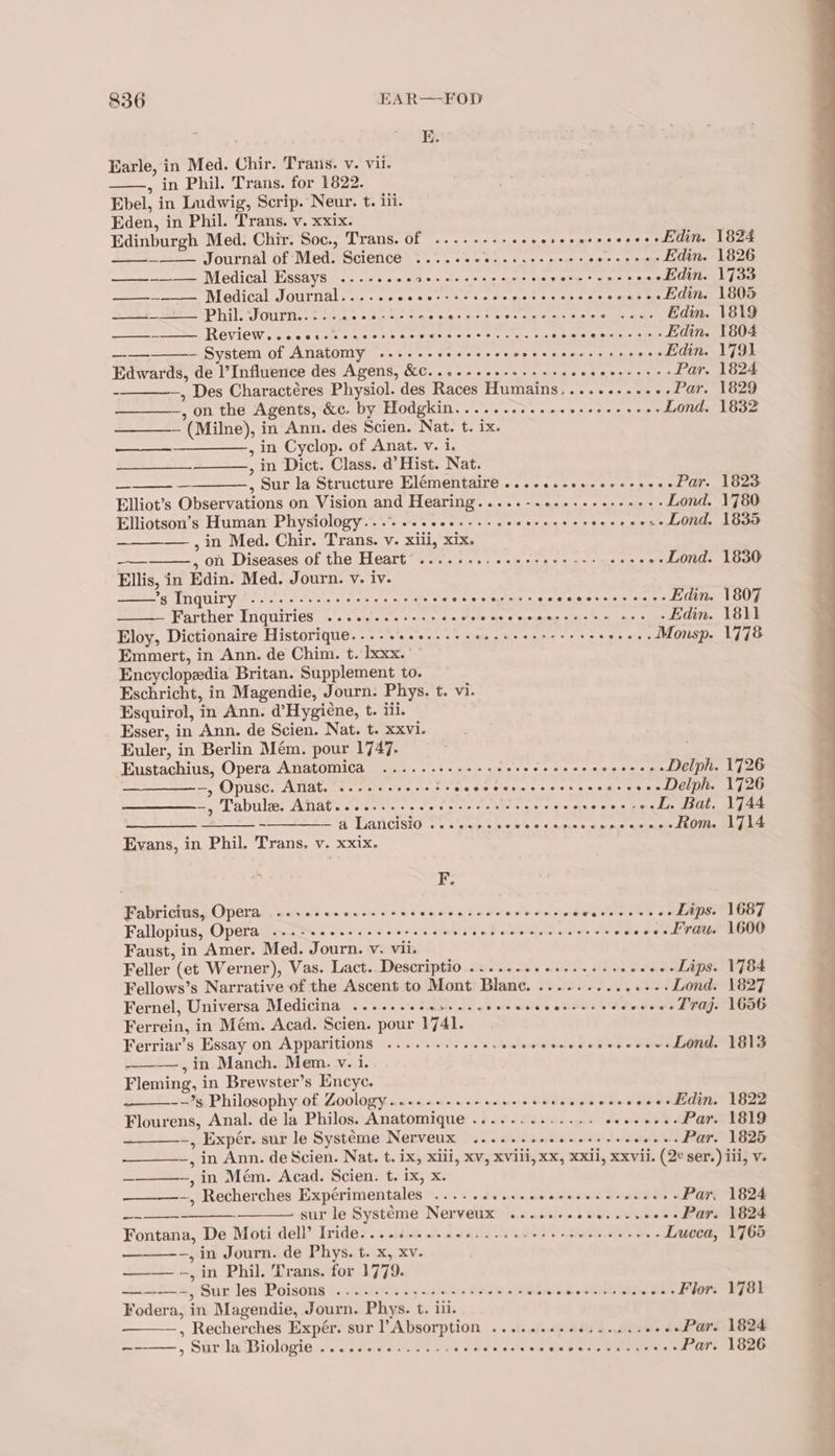 : E. Earle, in Med. Chir. Trans. v. vil. , in Phil. Trans. for 1822. Ebel, in Ludwig, Scrip. Neur. t. iii. Eden, in Phil. Trans. v. xxix. Edinburgh Med. Chir. Soc., Trans. of ...-.---seeeres eocccseerLdin. 1824 —_—- Journal of Med. Science ......- Nic. 2s ace oie os cee Edin. 1826 ——_--——— Medical Essays ........ Pink Geto Ge sana oie A gna -Edin. 1733 ——----— Medical Journal... &lt;scccce+- 50s» ale mele mc ops.s 08 mas os Edin. 1805 —_—-——— Phil. Journ..-...... Asp eirty ee aot Koen apts ie ...- Edin. 18t9 an OVICW aielnip 3 6 okt ain oie nia iene 20 6 Blea ee aa Edin. 1804 —— — System of Anatomy .....-- eitove s s'ele'e © epee ei aeengee Edin. 1791 Edwards, de l’Influence des Agens, &amp;C...+-+-e+++++ +e sae ceerl Par. 1824 - —, Des Charactéres Physiol. des Races Humains......-.+++. Par. 1829 —, on the Agents, &amp;c. by Hodgkin. .... sees ee ereceeeeee Lond. 1832 ——- (Milne), in Ann. des Scien. Nat. t. ix. ——_——_—___—-, in Cyclop. of Anat. v. i. , in Dict. Class. d’Hist. Nat. — — , Sur la Structure Elémentaire ......-e+-eeeeeees Par. 1823 Elliot’s Observations on Vision and Hearing.....-- meet ee eee Lond. 1780 Elliotson’s Human Physiology... ...eeee- ++ ceeereeecreeeves .+ Lond. 1835 — ,in Med. Chir. Trans. v. xiii, xix. —— , on Diseases of the Heart’ ..... 1. ce eeee ee es cence Lond. 1830 Ellis, in Edin. Med. Journ. v. iv. ’g Inquiry «2... - eee cere cnet cece cee orees seid okase Seeceet slower? Edin. 1807 Farther Inquiries ........--+-+ see. ena phenadnn tan ts ales . Edin. 1811 Eloy, Dictionaire Historique......- Kita SO pet ete dha ~....Monsp. 1778 Emmert, in Ann. de Chim. t. Ixxx. Encyclopedia Britan. Supplement to. Eschricht, in Magendie, Journ: Phys. t. vi. Esquirol, in Ann. d’Hygiéne, t. iii. Esser, in Amn. de Scien. Nat. t. xxvi. Euler, in Berlin Mém. pour 1747. Eustachius, Opera Anatomica ......+--++scereeececeecceseee Delph. 1726 —_—_——-, Opuse. AMat. 2... e rece rec eee sense cecscccer cece Delph. 1726 ——_, Tabula. Anat....... cere eee reece cece veces reeds Bat. 1744 —_——— -__—— 4, Lancisio .....-- se SRP CPE Rom. 1714 Evans, in Phil. Trans. v. xxix. Fabricius, Opera ....22cseceeeseeewccesenccrecece See ETO oe Lips. 1687 Fallopius, Opera ...-.2e. sec c ence eee ee eee e rece ees et eeee .- Frau. 1600 Faust, in Amer. Med. Journ. v. vii. Feller (et Werner), Vas. Lact. Descriptio ....--..0+..2esseeeees Lips. 1784 Fellows’s Narrative of the Ascent to Mont Blane. ...........6-. Lond. 1827 Fernel, Universa Medicina ........ Sh. RY oe Sass re ee Traj. 1656 Ferrein, in Mém. Acad. Scien. pour 1741. Ferriar’s Essay on Apparitions «2.6... 6. se. eeeeeeeeeroeeecees Lond. 1813 ———_——, in Manch. Mem. v. i. Fleming, in Brewster’s Encye. --’s Philosophy of Zoology ..+--++.se esse ee eeeccceee eee Edin. 1822 Flourens, Anal. de la Philos. Anatomique ............- eseseee: Par. 1819 -, Expér. sur le Systéme Nerveux ......seeeseeeeeeeeees Par. 1825 ———~-, Recherches Expérimentales ........... Pee Bese Par. 1824 Peer n ces sur le Systeme Nerveux ....... 5 Shc sa ea BE Par. 1824 Fontana, De Moti dell’ Iride.. 0.6.0... 6. eee cree ere eee cece es Lucca, 1768 ———--, in Journ. de Phys. t. x, xv. —, in Phil. Trans. for 1779. Ls; Sur'les Poisons «0 2 eyes bees 2 bre wecoebieis Wisin Sale Flor. 1781 Fodera, in Magendie, Journ. Phys. t. iii. , Recherches Expér. sur PAbsorption .....seee.. 2c reves Par. 1824 ————, Sur la Biologie ......-26 5... c ee reeeneee tiv dae owe ewes Par. 1826 Se eS a