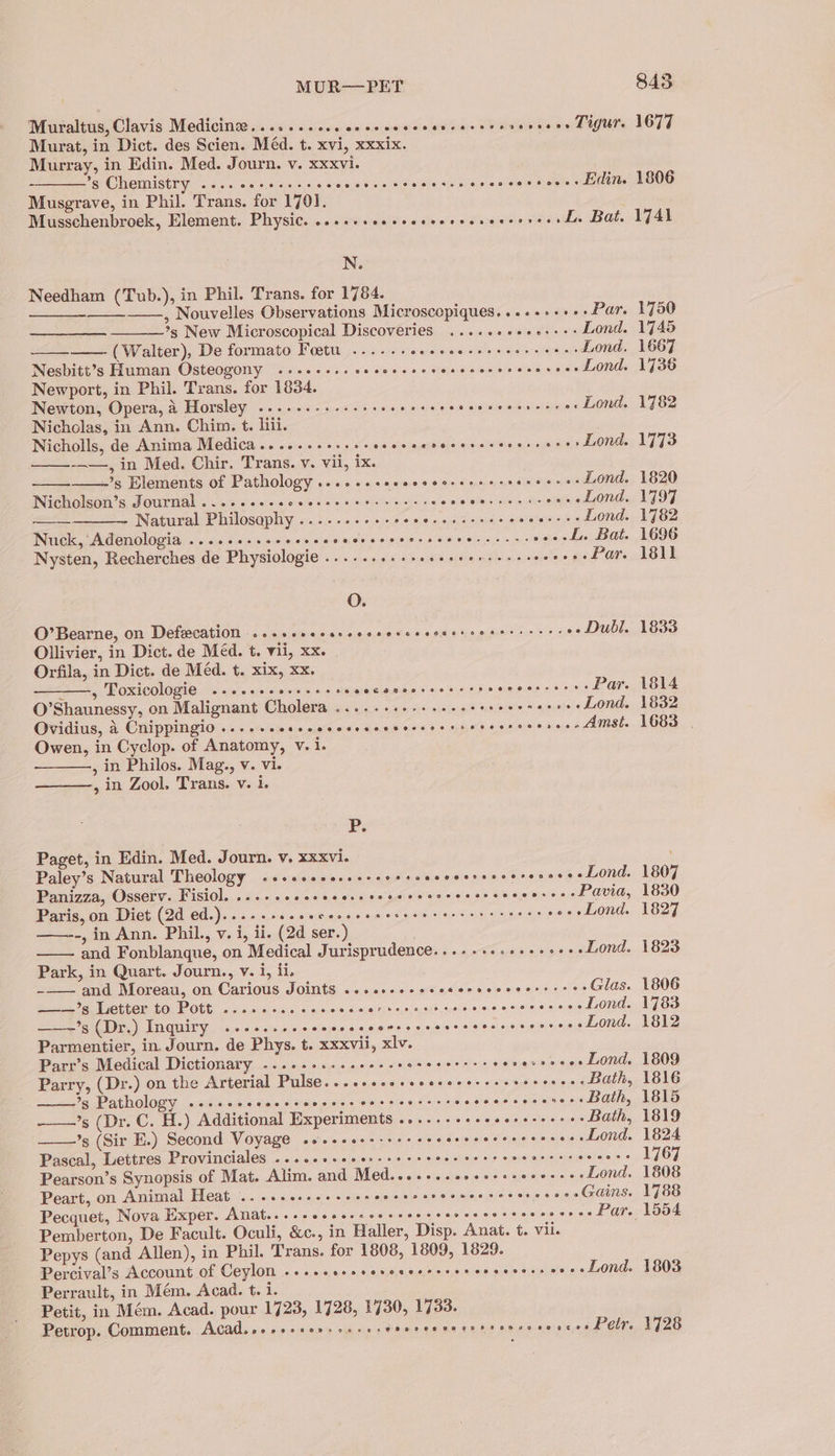 Muraltus, Clavis Medicinee.... cess eeeseecceeneerece: seveees Ligur. 1677 Murat, in Dict. des Scien. Méd. t. xvi, xxxix. . Murray, in Edin. Med. Journ. v. xxxvi. *s Chemistry ......- ial eit a claret simie ets ele sia ailenew eels oes. Edin. 1806 Musgrave, in Phil. Trans. for 170]. Musschenbroek, Element. Physic. ....++- ki aeborio dieses Bat. Liat N. Needham (Tub.), in Phil. Trans. for 1784. ——., Nouvelles Observations Microscopiques....+++++: Par. 1750 *s New Microscopical Discoveries .....seeee:+-: Lond. 1745 (Walter), De formato Foetu ...-.-ceeeeeseee esse eee: Lond. 1667 Nesbitt’s Human Osteogony .-..+...e0- pera CO ay ors Lond. 1736 Newport, in Phil. Trans. for 1834. Newton, Opera, a Horsley ....---.+sseseee eens sataltdingent atlas Lond. 1782 Nicholas, in Ann. Chim. t. lili. Nicholls, de Anima Medica.....-.+--+- ooo Siete ianeihersis ecingecane Lond. 1773 --—, in Med. Chir. Trans. v. vii, ix. ’s Elements of Pathology ......- eceeut seers Ueuranas sein aie Lond. 1820 Nicholson’s Journal .......-. EE A es eee ee SiRet Vide Sesvelle oka Lond. 1797 Natural Philosophy ........-++¢&gt; sige ecacad, wicca ....-Lond. 1782 Nuck, Adenologia .......+sceeee. Cry Mie nT eee »..L. Bat. 1696 Nysten, Recherches de Physiologie ........--+ eerste mele ai sienk -oseFar. 18ll O. O’Bearne, on Defecation ..... Biases ekpuousha eiecsia aieatis auaber tc5 oi 2 -- Dubl. 1833 Ollivier, in Dict. de Méd. t. vii, xx. Orfila, in Dict. de Méd. t. xix, xx. ——, Toxicologie .-.sseesceeeees REE aie reer Par. 1814 O’Shaunessy, on Malignant Cholera ........ Pisaee yu © --»-eLond. 1832 Ovidius, 4 Cnippingio....... sgsantatenses «Wise Mlows bospate ¢ eae iatas Amst. 1683 | Owen, in Cyclop. of Anatomy, v. i. , in Philos. Mag., v. vi. , in Zool. Trans. v. i. P. Paget, in Edin. Med. Journ. v. xxxvi. Paley’s Natural Theology «+-+++.e.++-s siPaevensensmedrcsae's bond. 1807 Panizza, Osserv. Fisiol. .....+0s+¢ Bceibaia: sgl sherays) xian 6 08-6 oe----Pavia, 1830 Paris, on Diet (2d ed.)...--....- Asiaing ae ae Cake ee e-- Lond. 1827 -, in Ann. Phil., v. i, ii. (2d ser.) and Fonblanque, on Medical Jurisprudence.....+.. eierqeciae Lond. 1823 Park, in Quart. Journ., v. i, ii, -—— and Moreau, on Carious Joints ...eseessscceeseescorseses Glas. 1806 =——— g, Letter £0. Pott, 02 sss. s os0 ce ge ecg sghiracala, 6: skskestesioke Lond. 1783 ——~’s (Dr.) Inquiry ........+6- Pei siaaueleies acelele* aie ARR eSe .. Lond. 1812 Parmentier, in. Journ. de Phys. t. xxxvii, xlv. Parr’s Medical Dictionary -......-..eeessorecerre: coverseess Lond. 1809 Parry, (Dr.) on the Arterial Pulse......+-- ais. Wine gible. citar esince whee Bath, 1816 *s Pathology .-...-- Siac ice asics ilioroke sid op scope ays eee ceectens Bath, 1815 ’s (Dr. C. H.) Additional Experiments .....----- Roce sono Bath, 1819 ’s (Sir E.) Second Voyage .+.--e2+-++++0% Moka tsi oistn sions ... Lond. 1824 Pascal, Lettres Provinciales ......+.- a Saree yeaa re seractesaatebalaitss 1767 Pearson’s Synopsis of Mat. Alim. and Med........ cess aereere on Lond. 1808 Peart, on Animal Heat .....06+-+-eeee eae iaia/ oiece(eileheie.s743 veveee- Gains. 1788 Pecquet, Nova Exper. Anat....- eS eke eee he seniat A SE OSE He Par. 1554 Pemberton, De Facult. Oculi, &amp;c., in Haller, Disp. Anat. t. vii. Pepys (and Allen), in Phil. Trans. for 1808, 1809, 1829. Percival’s Account of Ceylon ..... pe cis siteieinieieiei siete eigieis setisice ---Lond. 1803 Perrault, in Mém. Acad. t. i. Petit, in Mém. Acad. pour 1723, 1728, 1730, 1733. Petrop. Comment. Acad.osssecersssssseeeccecverscencceens -» Peir. 1728