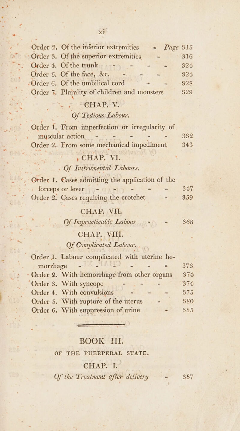 Order 2. Of the inferior extremities - Page 315 _* .: Order 3. Of the superior extremities - 316 ~~ + Order 4. Of the trunk = > _ : 324 ~ Order 5. Of the face, &c. = 2 : 394, : Order 6. Of the umbilical cord - - 328 : ., Order*%. Plutality of children and monsters 329 MORTAR HOV: “day i. From imperfection or irregularity of. myscular action -- = - - ~ 332 AS . From some mechanical al impediment 343 ‘ , CHAP. sg Pea ; OF Instrumental Labours. - Order 1, Cases admitting the application of the AY forceps or lever - - - - - 34°7 * Order 2. Cases requiring the crotchet - 359 “ CHAP, VIL Of Impracticable Labour _ - = 368 Beh CHAP. VIII. | t Of Complicated Labour. . ' Order 1. Labour complicated with uterine he- morrhage - - - - ~ “ 373 - Order 2. With hemorrhage from other organs 374: ‘Order 3. With syncope Oi 4) - 374 Order 4. With convulsions - - - 375 Order 5. With rupture of the uterus > 380 Order 6. With suppression of urine . 385 BOOK III. OF THE PUERPERAL STATE. CHAP. I. Of the Treatment after delivery ~ 387
