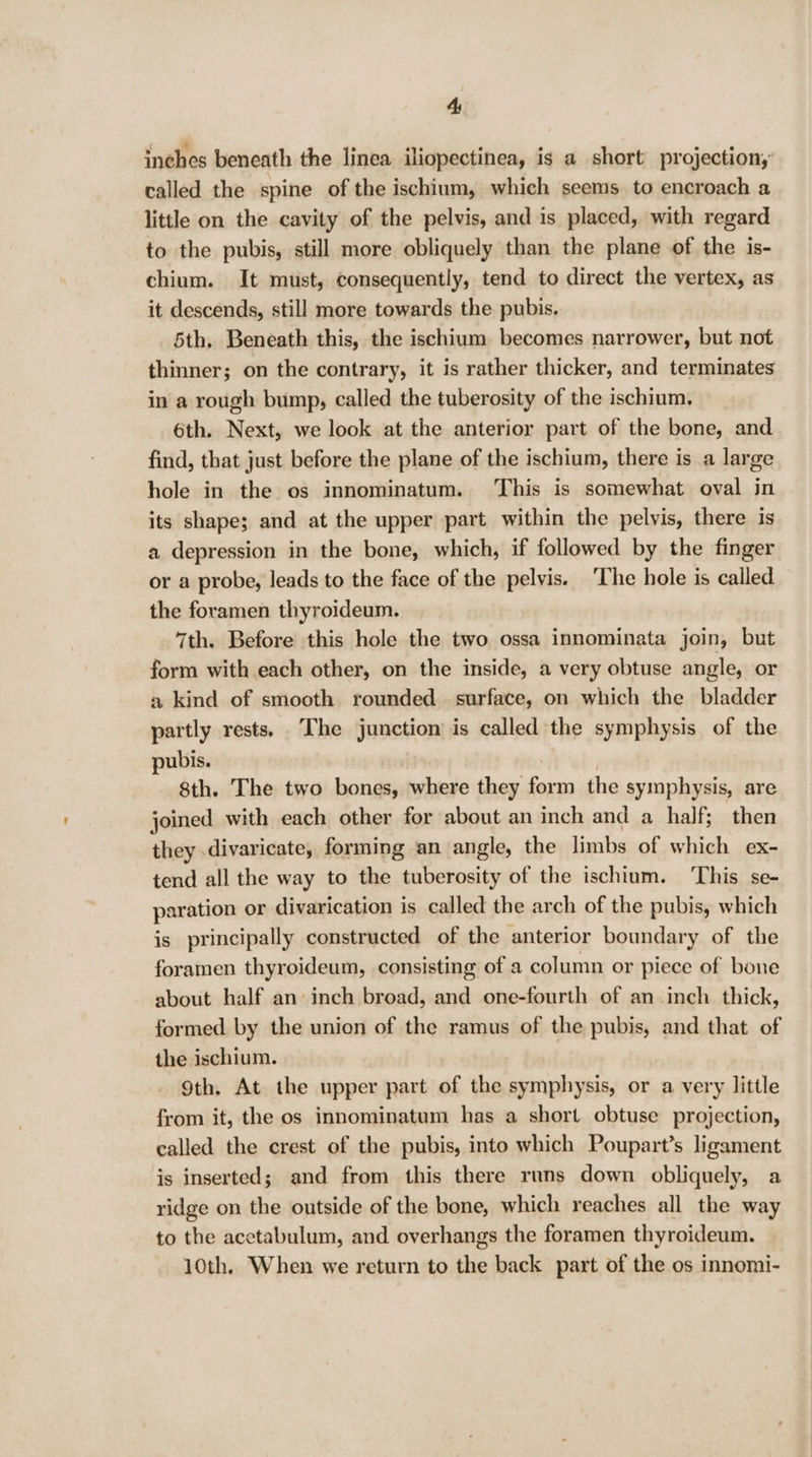 inches beneath the linea iliopectinea, is a short projection,’ called the spine of the ischium, which seems to encroach a little on the cavity of the pelvis, and is placed, with regard to the pubis, still more obliquely than the plane of the is- chium. It must, consequently, tend to direct the vertex, as it descends, still more towards the pubis. 5th. Beneath this, the ischium becomes narrower, but not thinner; on the contrary, it is rather thicker, and terminates in a rough bump, called the tuberosity of the ischium, 6th. Next, we look at the anterior part of the bone, and find, that just before the plane of the ischium, there is a large hole in the os innominatum. This is somewhat oval in its shape; and at the upper part within the pelvis, there is a depression in the bone, which, if followed by the finger or a probe, leads to the face of the pelvis. ‘The hole is called the foramen thyroideum. 7th. Before this hole the two ossa innominata join, but form with each other, on the inside, a very obtuse angle, or a kind of smooth rounded surface, on which the bladder partly rests) The junction is called the symphysis of the pubis. | 8th. The two bones, where they form the symphysis, are joined with each other for about an inch and a half; then they .divaricate, forming an angle, the limbs of which ex- tend all the way to the tuberosity of the ischium. ‘This se- paration or divarication is called the arch of the pubis, which is principally constructed of the anterior boundary of the foramen thyroideum, consisting of a column or piece of bone about half an inch broad, and one-fourth of an inch thick, formed by the union of the ramus of the pubis, and that of the ischium. 9th. At the upper part of the symphysis, or a very little from it, the os innominatum has a short obtuse projection, called the crest of the pubis, into which Poupart’s ligament is inserted; and from this there runs down obliquely, a ridge on the outside of the bone, which reaches all the way to the acetabulum, and overhangs the foramen thyroideum. 10th. When we return to the back part of the os innomi-