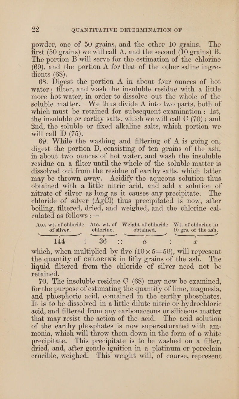 powder, one of 50 grains, and the other 10 grains. The first (50 grains) we will call A, and the second (10 grains) B. The portion B will serve for the estimation of the chlorine (69), and the portion A for that of the other saline ingre- dients (68). . 68. Digest the portion A in about four ounces of hot water; filter, and wash the insoluble residue with a little more hot water, in order to dissolve out the whole of the soluble matter. We thus divide A into two parts, both of which must be retained for subsequent examination : 1st, the insoluble or earthy salts, which we will call C (70) ; and 2nd, the soluble or fixed alkaline salts, which portion we will call D (75). 69. While the washing and filtermg of A is going on, digest the portion B, consisting of ten grains of the ash, in about two ounces of hot water, and wash the insoluble residue on a filter until the whole of the soluble matter is dissolved out from the residue of earthy salts, which latter may be thrown away. Acidify the aqueous solution thus obtained with a little nitric acid, and add a solution of nitrate of silver as long as it causes any precipitate. The chloride of silver (AgCl) thus precipitated is now, after boiling, filtered, dried, and weighed, and the chlorine cal- culated as follows :— Ate. wt. of chloride Ate. wt. of Weight of chloride Wt. of chlorine in © of silver. chlorine. obtained. 10 grs. of the ash. —_—>-——” 144, : oo 123 a : Gy which, when multiplied by five (10 x 5=50), will represent the quantity of CHLORINE in fifty grains of the ash. The liquid filtered from the chloride of silver need not be retained. 70. The insoluble residue C (68) may now be examined, for the purpose of estimating the quantity of lime, magnesia, and phosphoric acid, contained in the earthy phosphates. It is to be dissolved in a little dilute nitric or hydrochloric acid, and filtered from any carbonaceous or siliceous matter that may resist the action of the acid. The acid solution of the earthy phosphates is now supersaturated with am- monia, which will throw them down in the form of a white precipitate. This precipitate is to be washed on a filter, dried, and, after gentle ignition in a platinum or porcelain crucible, weighed. This weight will, of course, represent