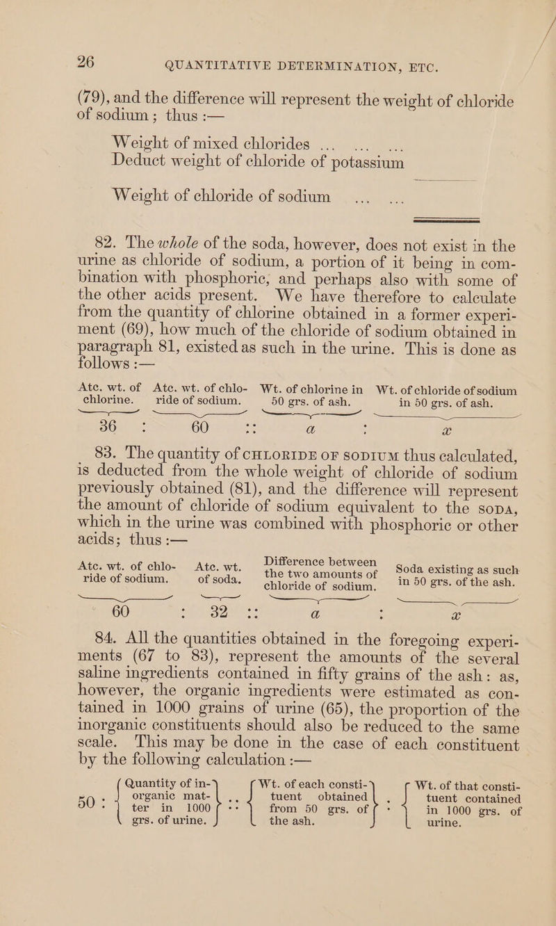 (79), and the difference will represent the weight of chloride of sodium; thus :— . Weight of mixed chlorides ... ... ... Deduct weight of chloride of potassium Weight of chloride of sodium 82. The whole of the soda, however, does not exist in the urine as chloride of sodium, a portion of it being in com- bination with phosphoric, and perhaps also with some of the other acids present. We have therefore to calculate from the quantity of chlorine obtained in a former experi- ment (69), how much of the chloride of sodium obtained in paragraph 81, existed as such in the urine. This is done as follows :— Ate. wt.of Ate. wt. of chlo- Wt. of chlorine in Wt. of chloride of sodium chlorine. ride of sodium. 50 grs. of ash. in 50 grs. of ash. ee ee —__-—_—— ——-,----——/ BOs 60 A a : a 83. The quantity of CHLORIDE oF sopiuM thus calculated, is deducted from the whole weight of chloride of sodium previously obtained (81), and the difference will represent the amount of chloride of sodium equivalent to the sopa, which in the urine was combined with phosphoric or other acids; thus :— Ate. wt. of chlo- Ate. wt Difference between Soda existing as such ride of sodium of soda, the two amounts of in 50 grs. of the ash e ; * chloride of sodium. oe : 60 bee Ng a ; x 84. All the quantities obtained in the foregoing experi- ments (67 to 83), represent the amounts of the several saline ingredients contained in fifty grains of the ash: as, however, the organic ingredients were estimated as con- tained in 1000 grains of urine (65), the proportion of the inorganic constituents should also be reduced to the same scale. This may be done in the case of each constituent by the following calculation :— Quantity of in- Wt. of each consti- Wt. of that consti- . organic mat-| ,, tuent obtained | , tuent contained 50 : ter in 1000f -- from 50 grs. of in 1000 grs. of grs. of urine. the ash. urine.