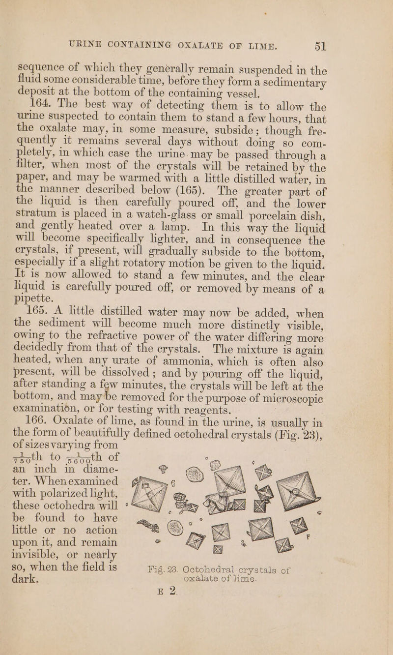 sequence of which they generally remain suspended in the fluid some considerable time, before they form a sedimentary deposit at the bottom of the containing vessel. 164. The best way of detecting them is to allow the urine suspected to contain them to stand a few hours, that the oxalate may, in some measure, subside; though fre- quently it remains several days without doing so com- pletely, in which case the urine. may be passed through a filter, when most of the crystals will be retained by the paper, and may be warmed with a little distilled water, in the manner described below (165). The greater part of the liquid is then carefully poured off, and the lower stratum is placed in a watch-glass or small porcelain dish, and gently heated over a lamp. In this way the liquid will become specifically lighter, and in consequence the crystals, if present, will gradually subside to the bottom, especially if a slight rotatory motion be given to the liquid. It is now allowed to stand a few minutes, and the clear liquid is carefully poured off, or removed by means of a pipette. 165. A little distilled water may now be added, when the sediment will become much more distinctly visible, owing to the refractive power of the water differing more decidedly from that of the crystals. The mixture is again heated, when any urate of ammonia, which is often also present, will be dissolved ; and by pouring off the liquid, after standing a few minutes, the crystals will be left at the bottom, and maybe removed for the purpose of microscopic examination, or for testing with reagents. 166. Oxalate of lime, as found in the urine, is usually in the form of beautifully defined octohedral crystals (Fig. 23), of sizesvarying from pith to 2th of an inch in diame- ter. When examined with polarized light, these octohedra will be found to have little or no action upon it, and remain invisible, or nearl so, when the field is Fig. 23. Octohedral crystals of dark. oxalate of lime. BE 2