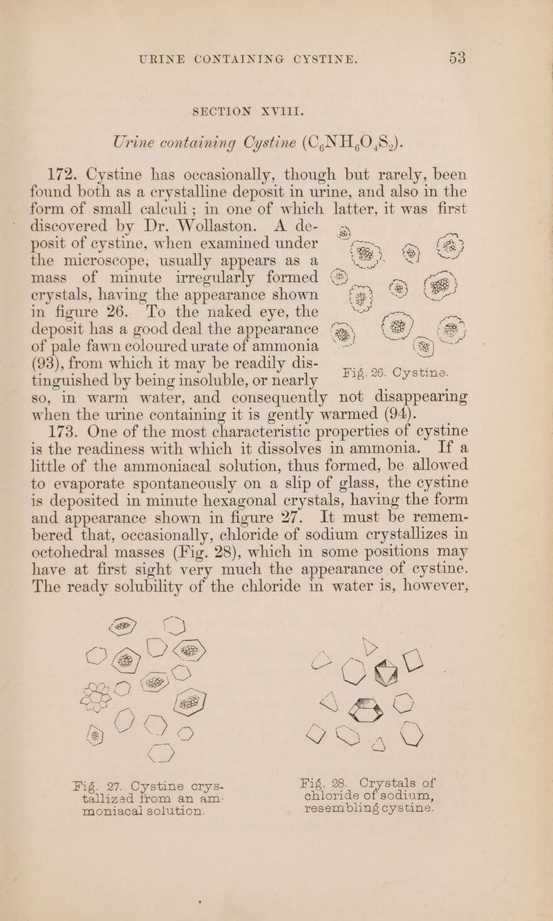SECTION XVIII. Urine containing Cystine (C,NH,O,8,). 172. Cystine has occasionally, though but rarely, been found both as a crystalline deposit in urine, and also in the form of small caleuli; in one of which latter, it was first discovered by Dr. Wollaston. A de- a posit of cystine, when examined under oo &amp; CR the microscope; usually appears as a \&amp;%)’. ey mass of minute irregularly formed 4 o> crystals, having the appearance shown = { g} ce) in figure 26. To the naked eye, the ‘~~ ‘ deposit has a good deal the eaten cy fe) ‘ea of pale fawn coloured urate of ammonia °~ (a (93), from which it may be readily dis- tinguished by being insoluble, or nearly so, in warm water, and consequently not disappearing when the urine containing it is gently warmed (94). 173. One of the most characteristic properties of cystine is the readiness with which it dissolves in ammonia. If a little of the ammoniacal solution, thus formed, be allowed to evaporate spontaneously on a slip of glass, the cystine is deposited in minute hexagonal crystals, having the form and appearance shown in figure 27. It must be remem- bered that, occasionally, chloride of sodium crystallizes in octohedral masses (Fig. 28), which in some positions may have at first sight very much the appearance of cystine. The ready solubility of the chloride in water is, however, Fig. 26. Cystine. SH , oF ay FCOgY 5 NY CB ey Lt (BZ <\ FA ee _ x Fig. 27. Cystine crys- Fig. 28. Crystals of tSuicea eota an pass chloride of sodium, moniacal solution. resembling cystine.