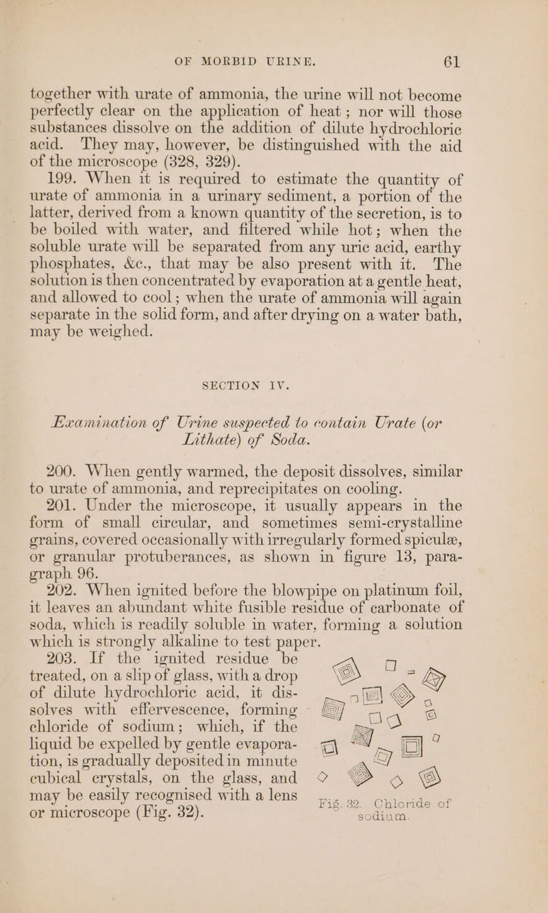 together with urate of ammonia, the urine will not become perfectly clear on the application of heat ; nor will those substances dissolve on the addition of dilute hydrochloric acid. They may, however, be distinguished with the aid of the microscope (328, 329). 199. When it is required to estimate the quantity of urate of ammonia in a urinary sediment, a portion of the latter, derived from a known quantity of the secretion, is to be boiled with water, and filtered while hot; when the soluble urate will be separated from any uric acid, earth phosphates, &amp;c., that may be also present with it. The solution is then concentrated by evaporation at a gentle heat, and allowed to cool; when the urate of ammonia will again separate in the solid form, and after drying on a water bath, may be weighed. SECTION IV. Examination of Urine suspected to contain Urate (or LIithate) of Soda. 200. When gently warmed, the deposit dissolves, similar to urate of ammonia, and reprecipitates on cooling. 201. Under the microscope, it usually appears in the form of small circular, and sometimes semi-crystalline grains, covered occasionally with irregularly formed spicule, or granular protuberances, as shown in figure 13, para- graph 96. | 202. When ignited before the blowpipe on platinum foil, it leaves an abundant white fusible residue of carbonate of soda, which is readily soluble in water, forming a solution which is strongly alkaline to test paper. 203. If the ignited residue be treated, on a slip of glass, with a drop of dilute hydrochloric acid, it dis- solves with effervescence, forming - /&amp; chloride of sodium; which, if the liquid be expelled by gentle evapora- tion, is gradually depositedin minute cubical crystals, on the glass, and may be easily recognised with a lens cgay ae ee or microscope (Fig. 32). ES ae a
