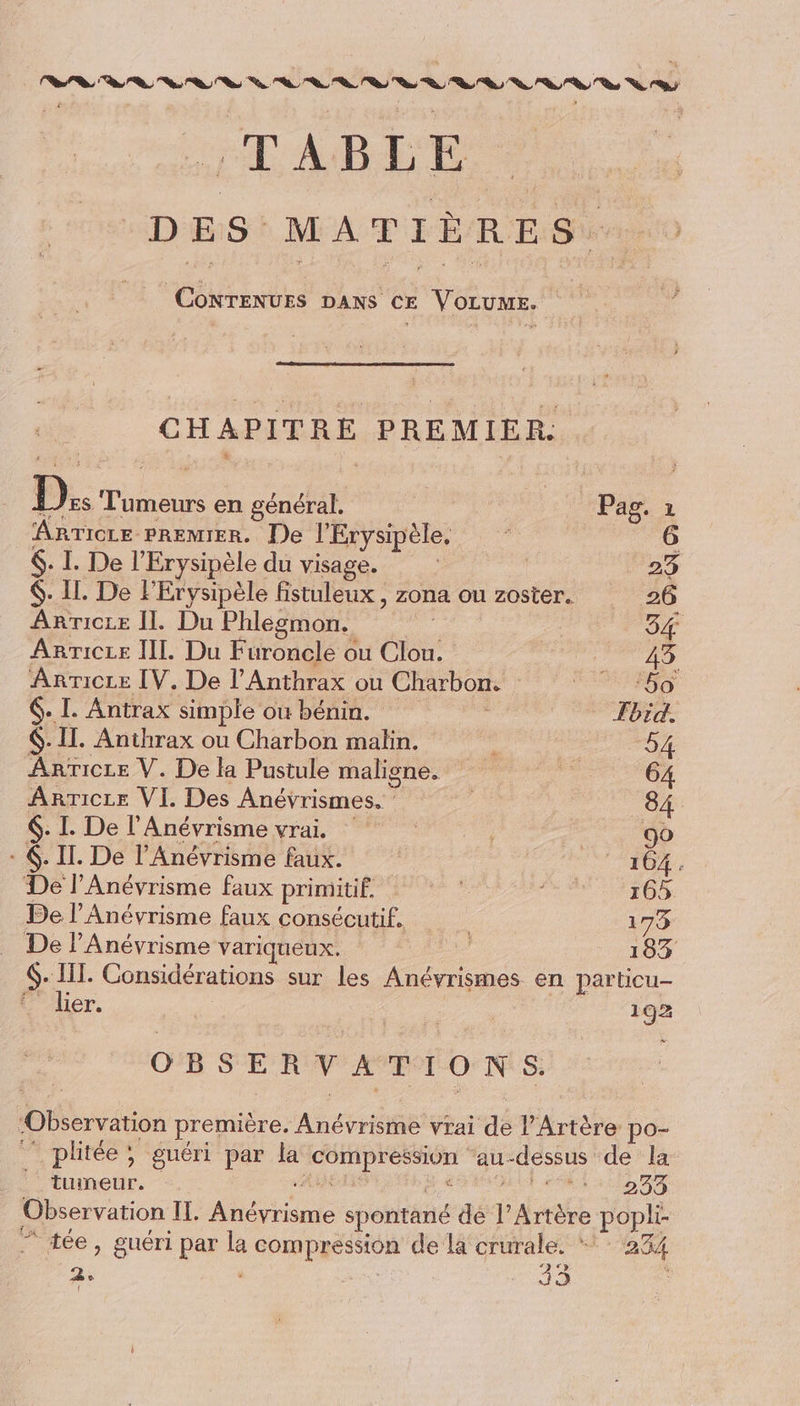 TABLE CONTENUES DANS CE VOLUME. CHAPITRE PREMIER. D. Te en pr AnTIoLE PREMIER. De l'Erysipèle, 6. I. De l'Érysipèle du visage. ARTICLE Il. Du Phlegmon. ARricie IL Du Furoncle ou Clou. Anricze IV. De l’Anthrax ou Charbon. 6. I. Antrax simple où bénin. $-IT. Anthrax ou Charbon malin. AnTicLe V. De la Pustule maligne. ÂAnrrTIcLE VI. Des Anton . I. De l’Anévrisme vrai. - . II. De l’Anévrisme faux. De lAnévrisme faux primitif. De l’Anévrisme faux consécutif. De l’Anévrisme variqueux. ler. OBSERVATIONS. 192 * tuineur. 233 254