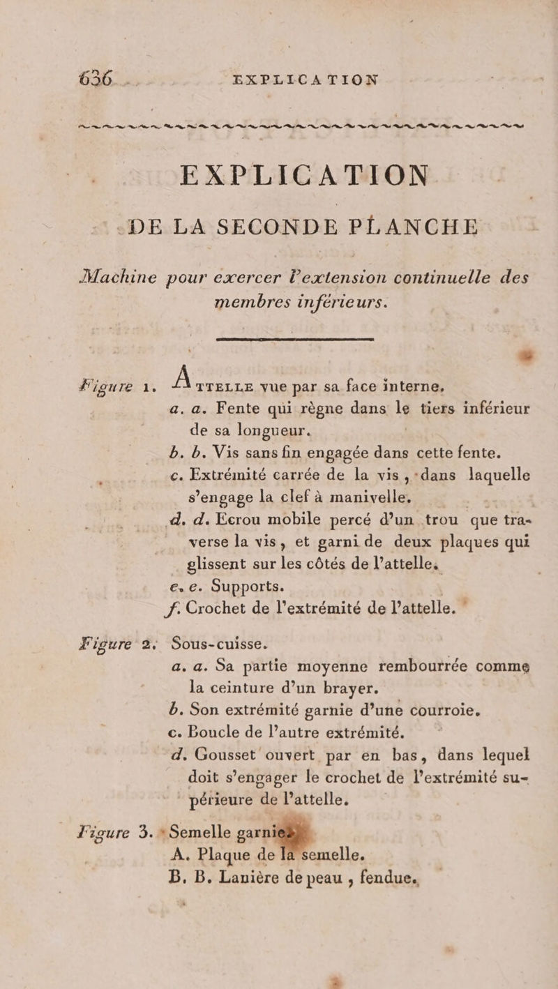 Co ae Pb ns ne he Ps eo Ph Po Pt Po, Pt ne Lo, ot Ce, Ce, Pt) se EXPLICATION -DE LA SECONDE PLANCHE Machine pour exercer l’extension continuelle des membres inférieurs. figure à. À TTELLE vue par sa face interne, a. a. Fente qui règne dans le tiers inférieur de sa longueur. | b. b. Vis sans fin engagée dans cette fente. c. Extrémité carrée de La vis ,:dans laquelle s’engage la clef à manivelle, d. d. Ecrou mobile percé d’un trou que tra= verse la vis, et garni de deux plaques qui glissent sur les côtés de l’attelles e. e. Supports. f. Crochet de l’extrémité de l’attelle. * Figure 2. Sous-cuisse. a. a. Sa partie moyenne rembourrée comme la ceinture d’un brayer. b. Son extrémité garnie d’une courroie. c. Boucle de l’autre extrémité. d. Gousset ouvert par en bas, dans lequel doit s’engager le crochet de l’extrémité su- périeure de l’attelle. l'igure 3.2 Semelle garni À. Plaque de [a semelle. B. B. Lanière de peau , fendue.