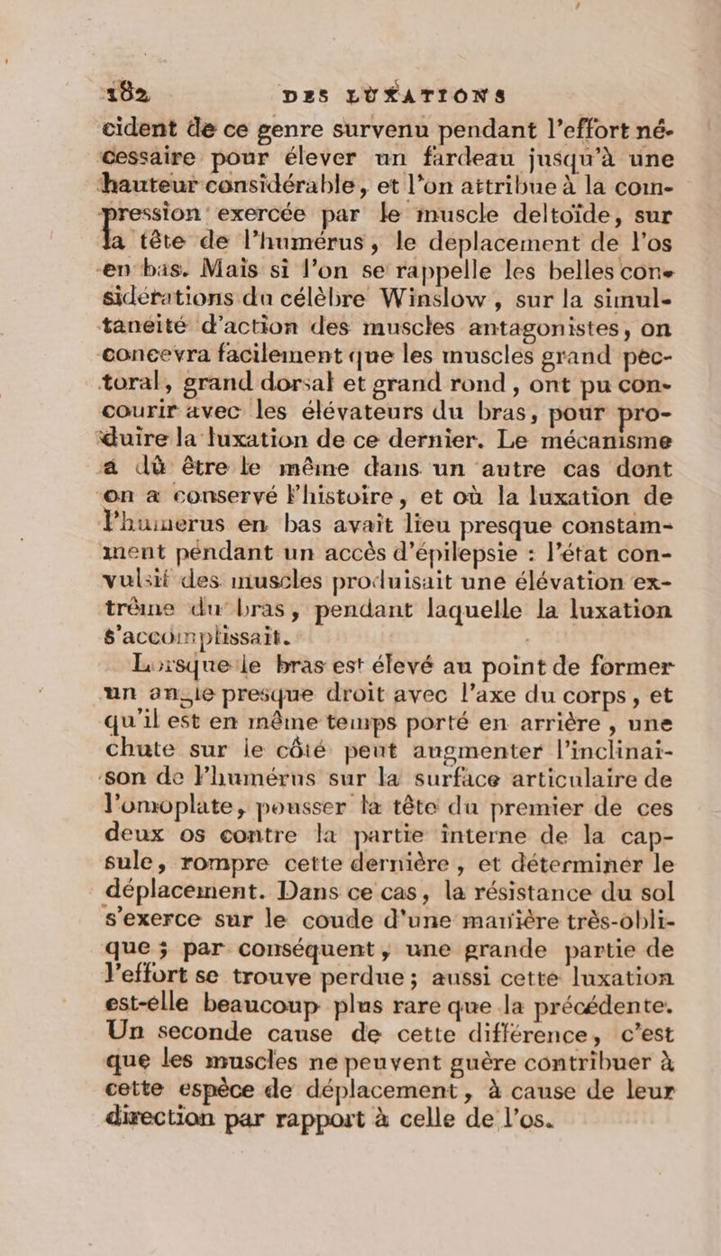 cident de ce genre survenu pendant l’effort né. cessaire pour élever un fardeau jusqu’à une hauteur considérable, et l’on aïtribue à la coin- pression exercée par le muscle deltoïde, sur L tête de l’humérus, le deplacement de l'os en bas. Mais si l’on se rappelle les belles cone sidérations du célèbre Winslow , sur la simul- taneité d'action des muscles antagonistes, on concevra facilement que les muscles grand pec- toral, grand dorsal et grand rond , ont pu con- courir avec les élévateurs du bras, pour pro- iduire la fuxation de ce dernier. Le mécanisme à dù être le même dans un autre cas dont ‘on à conservé Fhistoire, et où la luxation de Vhuinerus en bas avait lieu presque constam- ment péndant un accès d’épilepsie : l’état con- vulsif des muscles produisait une élévation ex- tréme du:bras, pendant laquelle la luxation s’accoimplissait. Lorsqueile bras est élevé au point de former un ansie presque droit avec l’axe du corps, et qu'il est en même tewrps porté en arrière , une chute sur le côté peut augmenter l’inclinai- ‘son de Fhumérus sur la surface articulaire de l’omoplate, pousser la tête du premier de ces deux os contre la partie interne de la cap- sule, rompre cette dernière , et déterminer le déplacement. Dans ce cas, la résistance du sol s'exerce sur le coude d'une marière très-obli- que ; par conséquent, une grande partie de l'effort se trouve perdue; aussi cette luxation est-élle beaucoup plus rare que la précédente. Un seconde cause de cette différence, c’est que les muscles ne peuvent guère contribuer à cette espèce de déplacement, à cause de leur direction par rapport à celle de l'os.