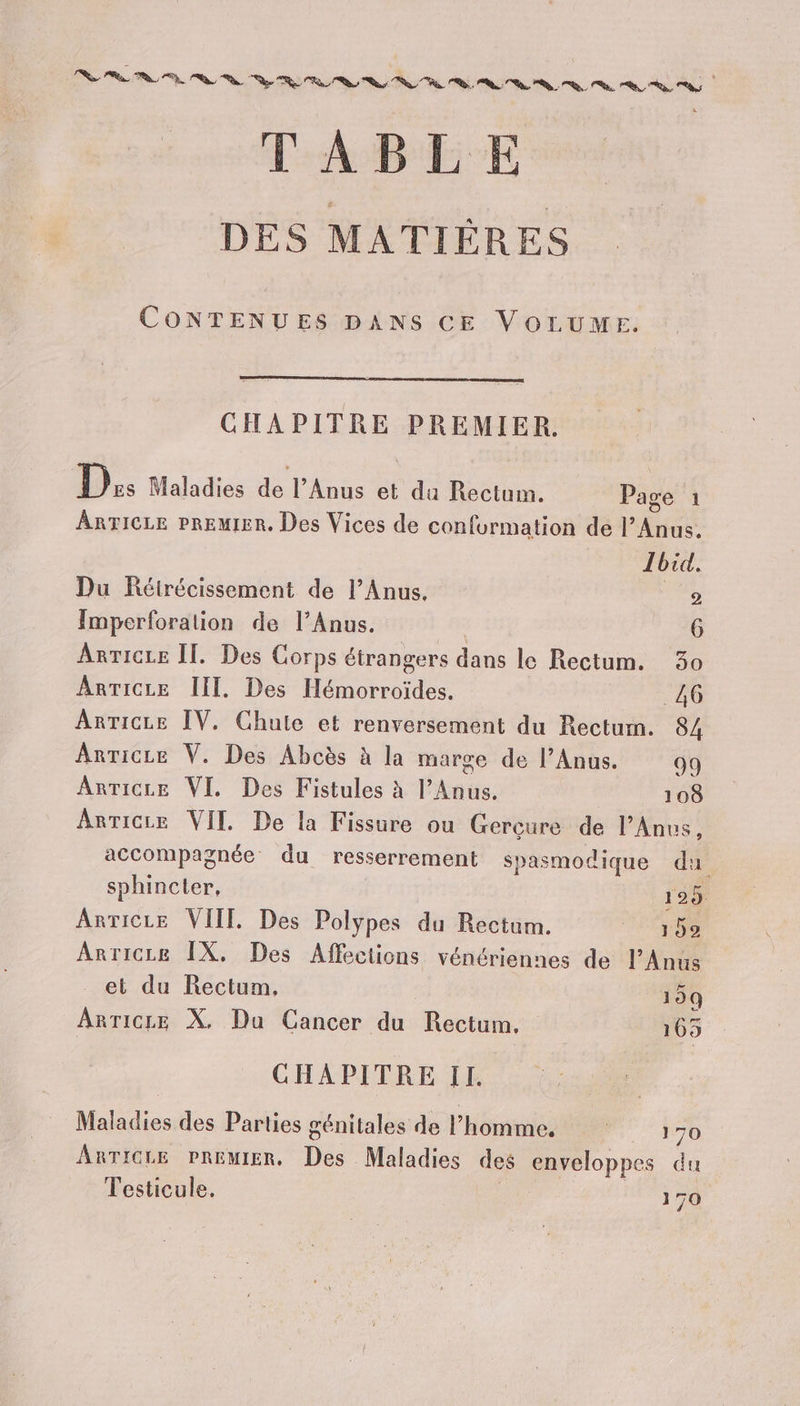 PR PA A RAR TABLE DES MATIÈRES CONTENUES DANS CE VOLUME. CHAPITRE PREMIER. D Maladies de l’Anus et du Rectum. Page 1 AnTicre PREMIER. Des Vices de confurmation de l’ rhe Ibid. Du Rétrécissement de l’Anus. r Imperforation de l’Anus. | 6 Anricee IL Des Corps étrangers dans le Rectum. 3o AnTicre III. Des Hémorroïdes. A6 ArrTicre IV. Chute et renversement du Rectum. 84 Anricce V. Des Abcès à la marge de l’Anus. 99 AnTicLE VI. Des Fistules à l’Anus. 108 Anricre VIT De la Fissure ou Gercure de l’Anvs, accompaznée du resserrement spasmocique du sphincter, 195 Anricre VITE Des Polypes du Rectum. 159 Anricre [X, Des Affections vénériennes de l’Anus et du Rectum, 19Q Arricze X. Du Cancer du Rectum. 165 CHAPITRE II. Maladies des Parties génitales de l'homme. CORTE ARTICLE PREMIER, Dés” Maladies des enveloppes du Testicule. 170
