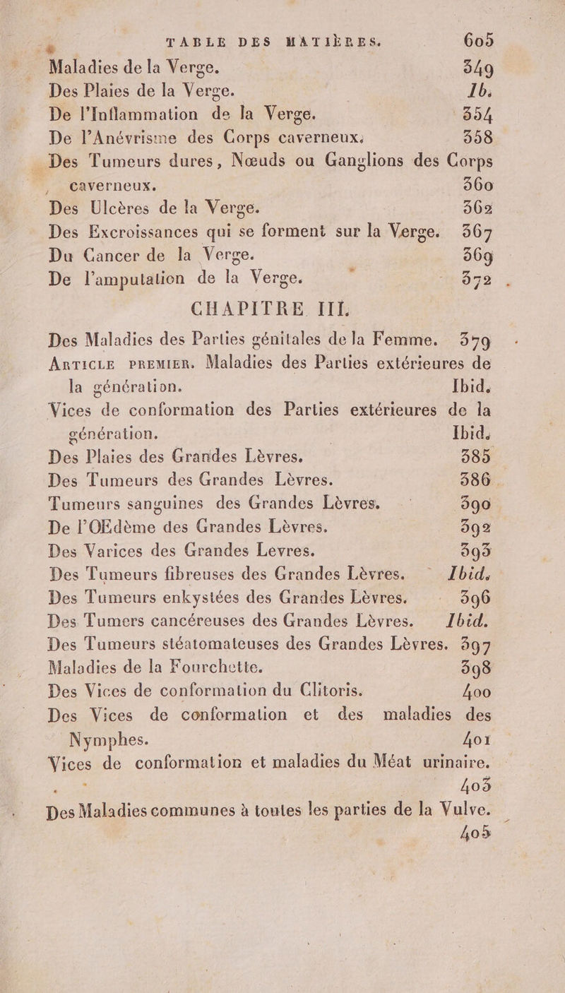 | d 4 * Maladies de la Verge. 349 Des Plaies de la Verge. Ib. De l'Inflammation de la Verge. 354 De l’Anévrisme des Corps caverneux. 358 _ Des Tumeurs dures, Nœuds ou Ganglions des Corps | caverneux. 260 Des Ulcères de la Verge. 362 Des Excroissances qui se forment sur la Verge. 367 Du Cancer de la Verge. 369 De l’amputation de la Verge. 372 CHAPITRE III. Des Maladies des Parties génitales de la Femme. 39 ARTICLE PREMIER. Maladies des Parties extérieures de la génération. Ibid, Vices de conformation des Parties extérieures de la génération. | Ibid. Des Plaies des Grandes Lèvres. 385 Des Tumeurs des Grandes Lèvres. 386 Tumeurs sanguines des Grandes Lèvres. 390 De l’OEdème des Grandes Lèvres, 392 Des Varices des Grandes Leévres. 3099 Des Tumeurs fibreuses des Grandes Lèvres. Jbid, Des Tumeurs enkystées des Grandes Lèvres. : 396 Des Tumers cancéreuses des Grandes Lèvres. Zbid. Des Tumeurs stéatomateuses des Grandes Lèvres. 397 Maladies de la Fourchette. 398 Des Vices de conformation du Glitoris. Lo0 Des Vices de conformation et des maladies des Nymphes. 4oi Vices de conformation et maladies du Méat urinaire. ; A0 Des Maladies communes à toutes les parties de la Vulve. 4oë