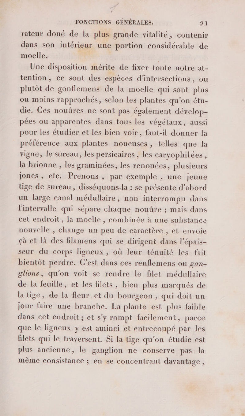 rateur doué de la plus grande vitalité, contenir dans son intérieur une portion considérable de moelle. | | Üne disposition mérite de fixer toute notre at- tention, ce sont des espèces d'intersections , ou plutôt de gonflemens de la moelle qui sont plus ou moins rapprochés, selon les plantes qu'on étu- die. Ces nouüres ne sont pas également dévelop- pées ou apparentes dans tous les végétaux, aussi pour les étudier et les bien voir, faut-il donner la préférence aux plantes noueuses , telles que la vigne, le sureau, les persicaires , les caryophilées , la brionne , les graminées, les renouées, plusieurs Joncs , etc. Prenons , par exemple , une jeune tige de sureau , disséquons-la : se présente d’abord un large canal médullaire, non interrompu dans l'intervalle qui sépare chaque nouûre ; mais dans cet endroit, la moelle, combinée à une substance nouvelle , change un peu de caractère , et envoie çà et là des filamens qui se dirigent dans l’épais- seur du corps ligneux , où leur ténuité les fait bientôt perdre. C’est dans ces renflemens ou gan- glions, qu'on voit se rendre le filet médallaire de la feuille, et les filets, bien plus marqués de la tige, de la fleur et du bourgeon, qui doit un jour faire une branche. La plante est plus faible dans cet endroit ; et s’y rompt facilement, parce que le ligneux y est aminci et entrecoupé par les filets qui le traversent. Si la tige qu'on étudie est plus ancienne, le ganglion ne conserve pas la même consistance ; en se concentrant davantage :