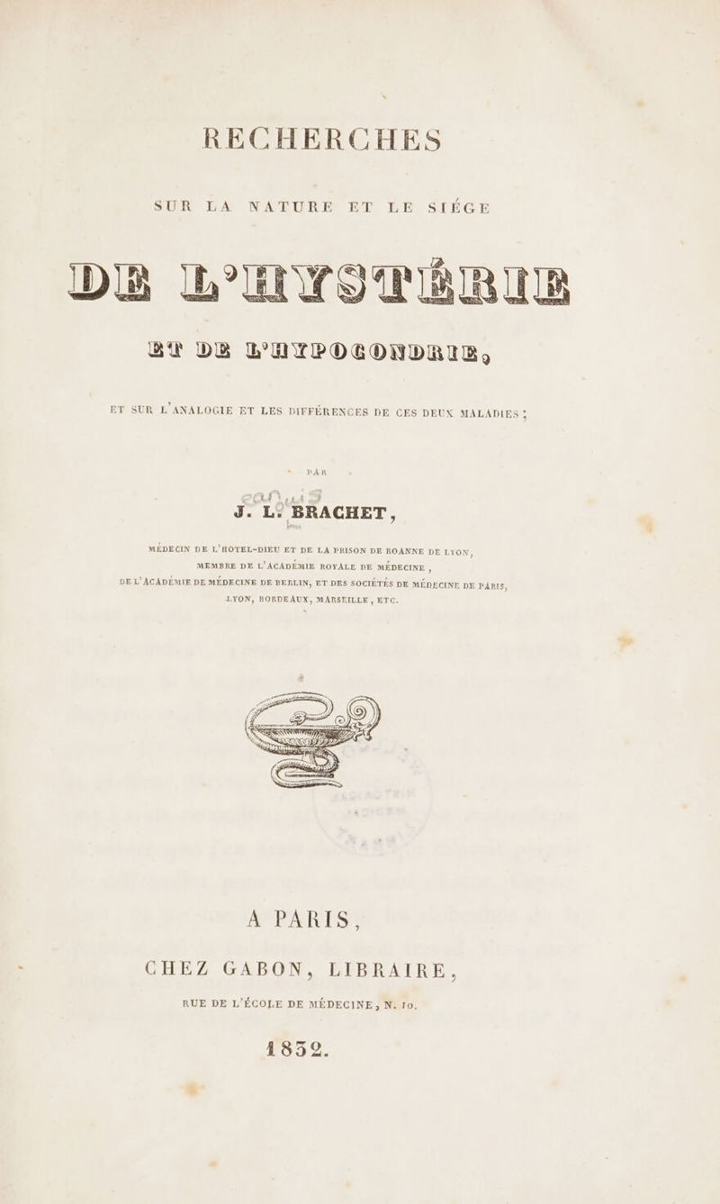 RECHERCHES SUR LA NATURE ET LE SIÉGE DB L’'HRWOURSIRIUR ET SUR L'ANALOGIE ET LES DIFFÉRENCES DE CES DEUX MALADIES ; PAR C4 \,s +. J. L° BRACHET, MÉDECIN DE L'HOTEL-DIEU ET DE LA PRISON DE ROANNE DE LYON, MEMBRE DE L'ACADÉMIE ROYALE DE MÉDECINE , DE L'ACADEMIE DE MÉDECINE DE BERLIN, ET DES SOCIÉTÉS DE MÉDECINE DE PARIS, LYON, BORDEAUX, MARSEILLE » ETC. CHEZ GABON, LIBRAIRE, RUE DE L'ÉCOLE DE MÉDECINE, N. 10.