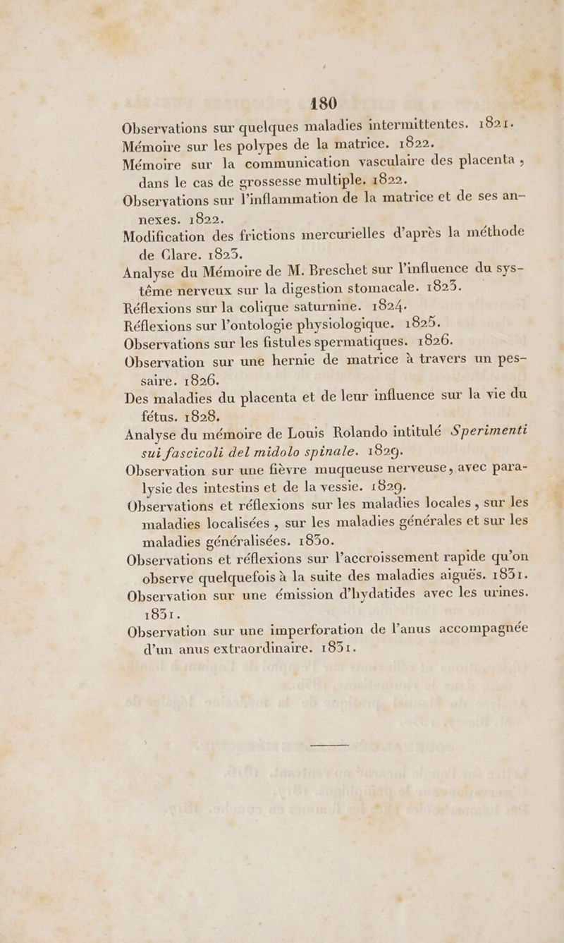 Observations sur quelques maladies intermittentes. 1821. Mémoire sur les polypes de la matrice. 1822. Mémoire sur la communication vasculaire des placenta ; dans le cas de grossesse multiple. 1822. Observations sur l’inflammation de la matrice et de ses an- nexes. 1922. Modification des frictions mercurielles d’après la méthode de Clare. 1823. Analyse du Mémoire de M. Breschet sur l'influence du sys- tême nerveux sur la digestion stomacale. 18235. Réflexions sur la colique saturnine. 1324. Réflexions sur l’ontologie physiologique. 1825. Observations sur les fistules spermatiques. 1820. Observation sur une hernie de matrice à travers un pes- saire. 1820. Des maladies du placenta et de leur influence sur la vie du fétus. 1828. Analyse du mémoire de Louis Rolando intitulé S perimenti sui fascicoli del midolo spinale. 1829. Observation sur une fièvre muqueuse nerveuse, avec para- lysie des intestins et de la vessie. 1929. Observations et réflexions sur les maladies locales , sur les maladies localisées , sur les maladies générales et sur les maladies généralisées. 1830. Observations et réflexions sur l’accroissement rapide qu’on observe quelquefois à la suite des maladies aiguës. 1831. Observation sur une émission d’'hydatides avec les urines. TO. Observation sur une imperforation de l’anus accompagnée d’un anus extraordinaire. 1831.
