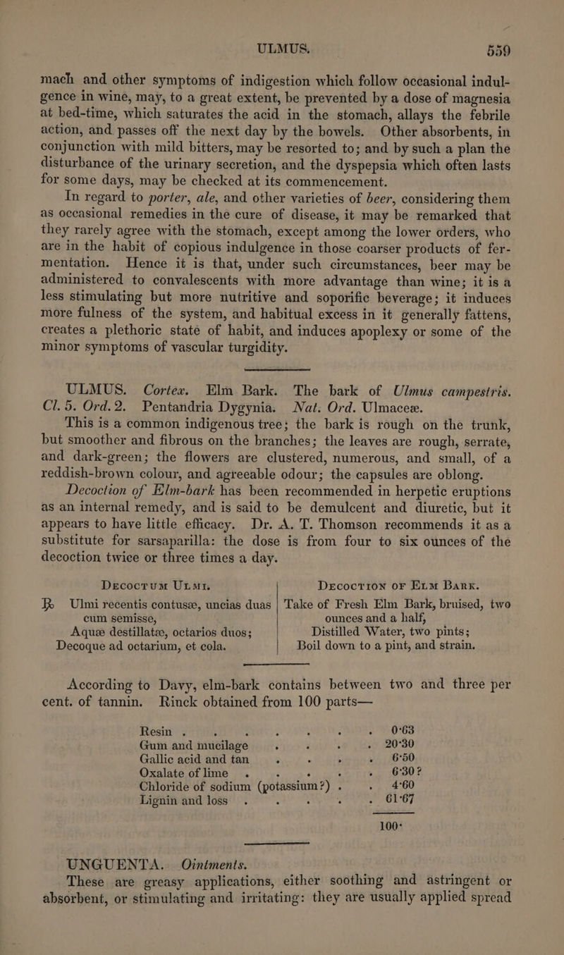 mach and other symptoms of indigestion which follow occasional indul- gence in wine, may, to a great extent, be prevented by a dose of magnesia at bed-time, which saturates the acid in the stomach, allays the febrile action, and passes off the next day by the bowels. Other absorbents, in conjunction with mild bitters, may be resorted to; and by such a plan the disturbance of the urinary secretion, and the dyspepsia which often lasts for some days, may be checked at its commencement. In regard to porter, ale, and other varieties of beer, considering them as occasional remedies in the cure of disease, it may be remarked that they rarely agree with the stomach, except among the lower orders, who are in the habit of copious indulgence in those coarser products of fer- mentation. Hence it is that, under such circumstances, beer may be administered to convalescents with more advantage than wine; it is a less stimulating but more nutritive and soporific beverage; it induces more fulness of the system, and habitual excess in it generally fattens, creates a plethoric state of habit, and induces apoplexy or some of the minor symptoms of vascular turgidity. ULMUS. Cortex, Elm Bark. The bark of Ulmus campestris. Cl. 5. Ord.2. Pentandria Dygynia. Nat. Ord. Ulmacee. This is a common indigenous tree; the bark is rough on the trunk, but smoother and fibrous on the branches; the leaves are rough, serrate, and dark-green; the flowers are clustered, numerous, and small, of a reddish-brown colour, and agreeable odour; the capsules are oblong. Decoction of Elm-bark has been recommended in herpetic eruptions as an internal remedy, and is said to be demulcent and diuretic, but it appears to have little efficacy. Dr. A. T. Thomson recommends it as a substitute for sarsaparilla: the dose is from four to six ounces of the decoction twice or three times a day. Decoctum Utmti. DecocrTion oF Exim Bark. Ulmi recentis contusze, uncias duas | Take of Fresh Elm Bark, bruised, two cum semisse, ounces and a half, _ Aquee destillatee, octarios duos; Distilled Water, two pints; Decoque ad octarium, et cola. Boil down to a pint, and strain. According to Davy, elm-bark contains between two and three per cent. of tannin. Rinck obtained from 100 parts— Resin . : : ¢ : ¢ . 06S Gum and mucilage F ‘ : .) 20°30 Gallic acid and tan - ; ‘ . 6:50 Oxalate of lime . i ‘ ; ». 6302 Chloride of sodium (potassium?) . ea Be Lignin and loss 4 : 2 61°67 100: UNGUENTA. Otniments. ie These are greasy applications, either soothing and astringent or absorbent, or stimulating and irritating: they are usually applied spread