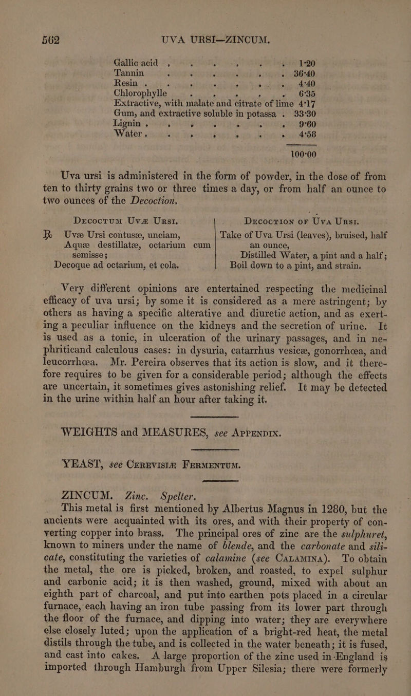 Gallic acid, : ‘ ‘ ‘ ere 1920 Tannin : ‘ ‘ ; oy ria) B40 Resin . : , ‘ , » al aeee Add Chlorophylle - : . ; - 6°35 Extractive, with malate and citrate of lime 4°17 Gum, and extractive soluble in potassa . 33°30 Lignin . ° . . . » ~« 9°60 Water e e P) ® e e o 4°58 ee 100°00 Uva ursi is administered in the form of powder, in the dose of from ten to thirty grains two or three times a day, or from half an ounce to two ounces of the Decoction. Drecoctum Uva Urst. Drcocrion or Uva URst. kK Uvee Ursi contuse, unciam, Take of Uva Ursi (leaves), bruised, half Aquz destillatee, octarium cum an ounce, SeMIsSe 5 Distilled Water, a pint and a half; Decoque ad octarium, et cola. Boil down to a pint, and strain. Very different opinions are entertained respecting the medicinal efficacy of uva ursi; by some it is considered as a mere astringent; by others as having a specific alterative and diuretic action, and as exert- ing a peculiar influence on the kidneys and the secretion of urine. It is used as a tonic, in ulceration of the urinary passages, and in ne- phriticand calculous cases: in dysuria, catarrhus vesice, gonorrhcea, and leucorrhcea. Mr. Pereira observes that its action is slow, and it there- fore requires to be given for a considerable period; although the effects are uncertain, it sometimes gives astonishing relief. It may be detected in the urine within half an hour after taking it. WEIGHTS and MEASURES, see Aprenprx. YEAST, see Cerevistm FERMENTUM. ZINCUM. Zinc. Spelter. This metal is first mentioned by Albertus Magnus in 1280, but the ancients were acquainted with its ores, and with their property of con- verting copper into brass. The principal ores of zine are the sulphuret, known to miners under the name of blende, and the carbonate and sili- cate, constituting the varieties of calamine (see Catamina). To obtain the metal, the ore is picked, broken, and roasted, to expel sulphur and carbonic acid; it is then washed, ground, mixed with about an eighth part of charcoal, and put into earthen pots placed in a circular furnace, each having an iron tube passing from its lower part through the floor of the furnace, and dipping into water; they are everywhere else closely luted; upon the application of a bright-red heat, the metal distils through the tube, and is collected in the water beneath; it is fused, and cast into cakes, A large proportion of the zinc used in-England is imported through Hamburgh from Upper Silesia; there were formerly